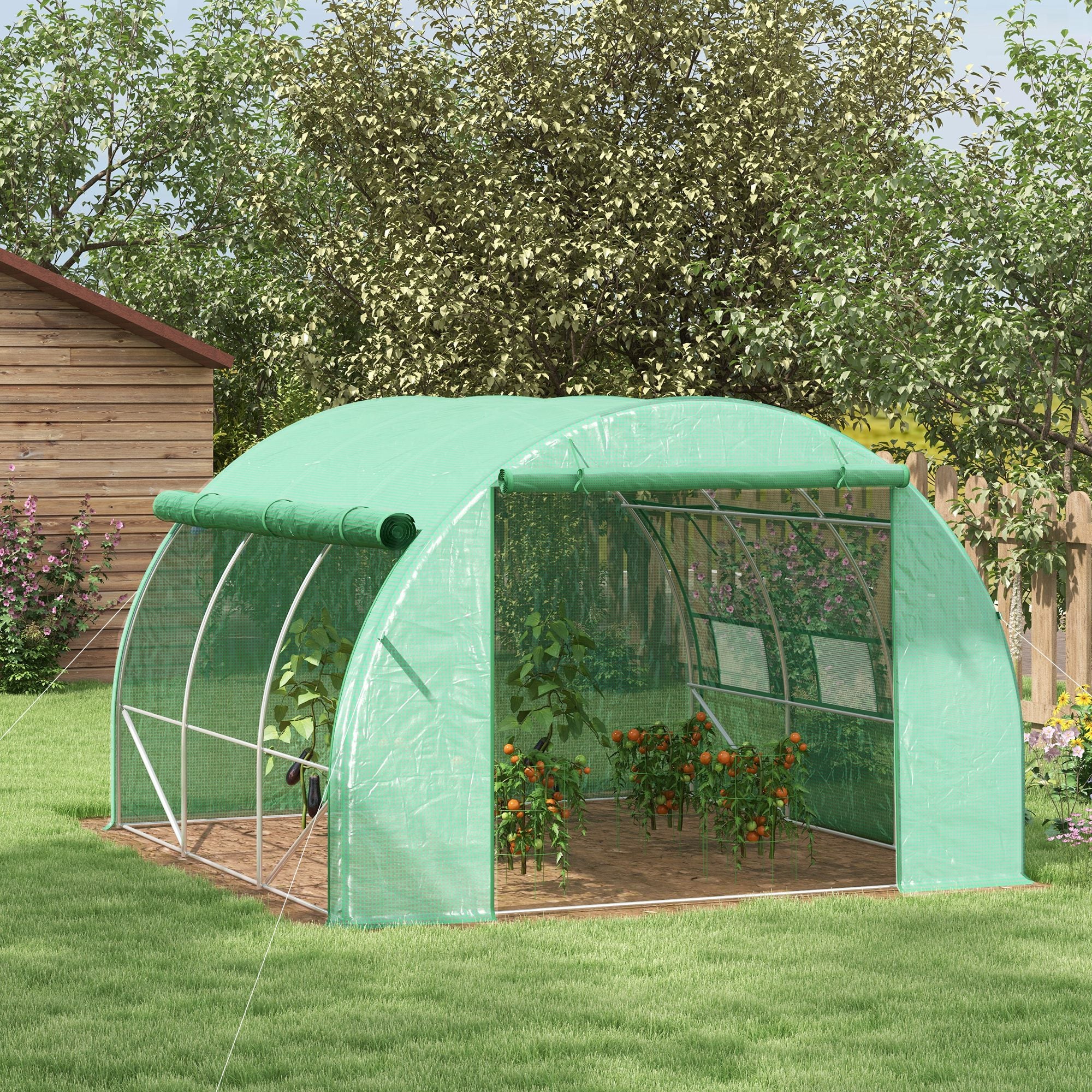 Outsunny Polytunnel Greenhouse Walk-in Grow House Tent with Roll-up Sidewalls, Zipped Door and 6 Windows, 3x3x2m Green - North Peak Garden Furniture