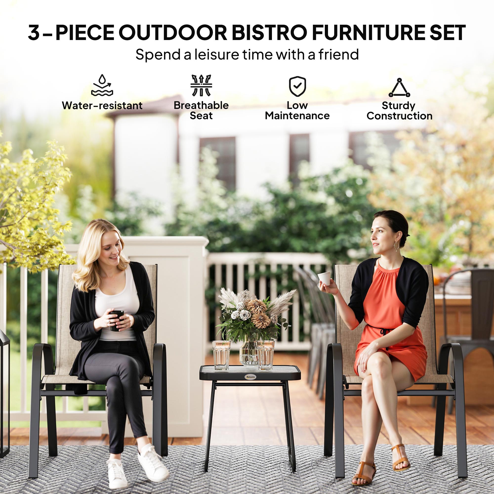Outsunny 3 Pieces Outdoor Bistro Set, Patio Stackable Armchairs with Breathable Mesh Fabric and SPC Board Coffee Table, Brown - North Peak Garden Furniture