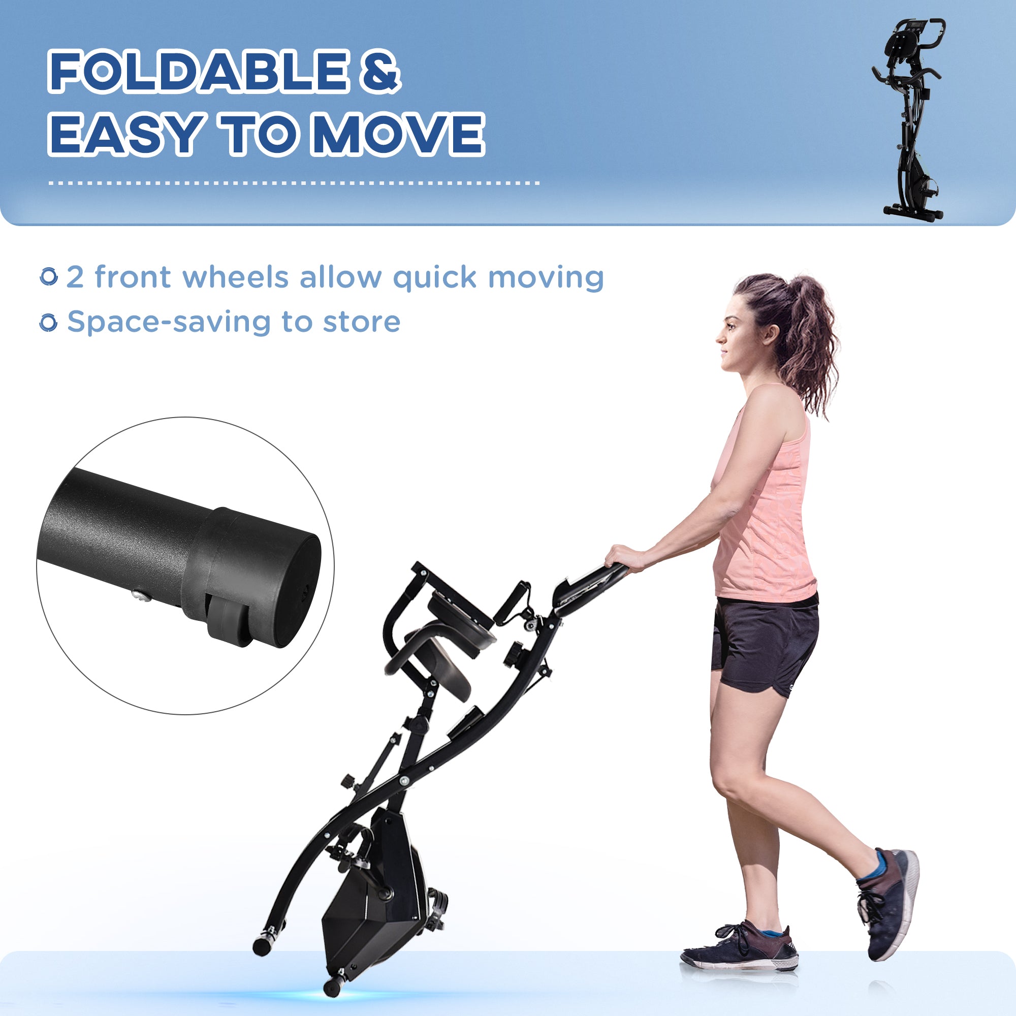 HOMCOM 2-in-1 Folding Exercise Bike with 8-Level Magnetic Resistance, Arm Resistance Band, Pulse Sensor, Black - North Peak Garden Furniture