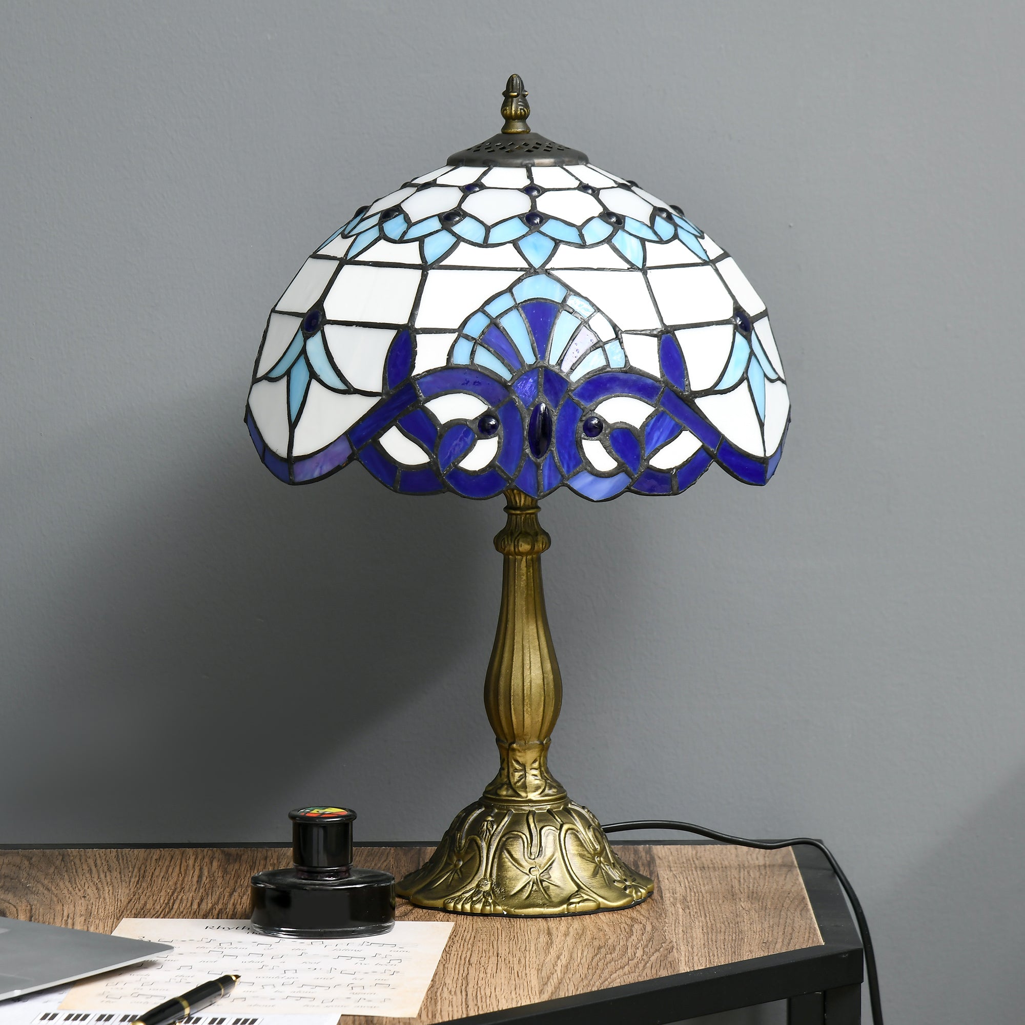 HOMCOM Stained Glass Table Lamp, Handmade Antique Bedside Lamp for Bedroom, Living room, Home, Nightstand, Decorative Night Light, Blue - North Peak Garden Furniture