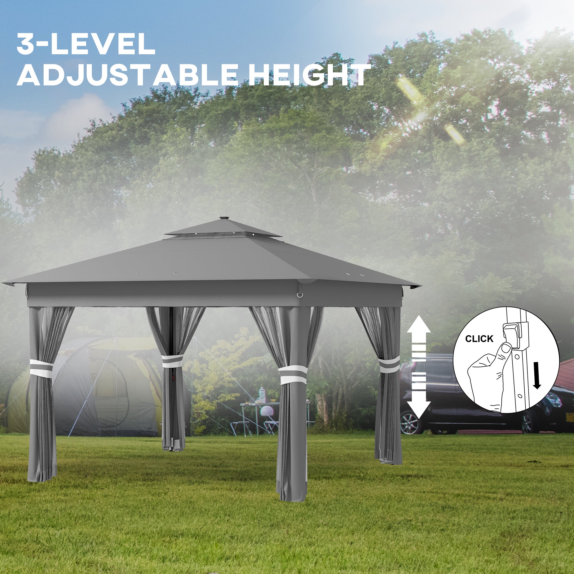 Outsunny 3 x 3(m) Pop Up Gazebo Party Tent with Solar-Powered LED Lights, Adjustable Event Shelter with Netting, Grey - North Peak Garden Furniture