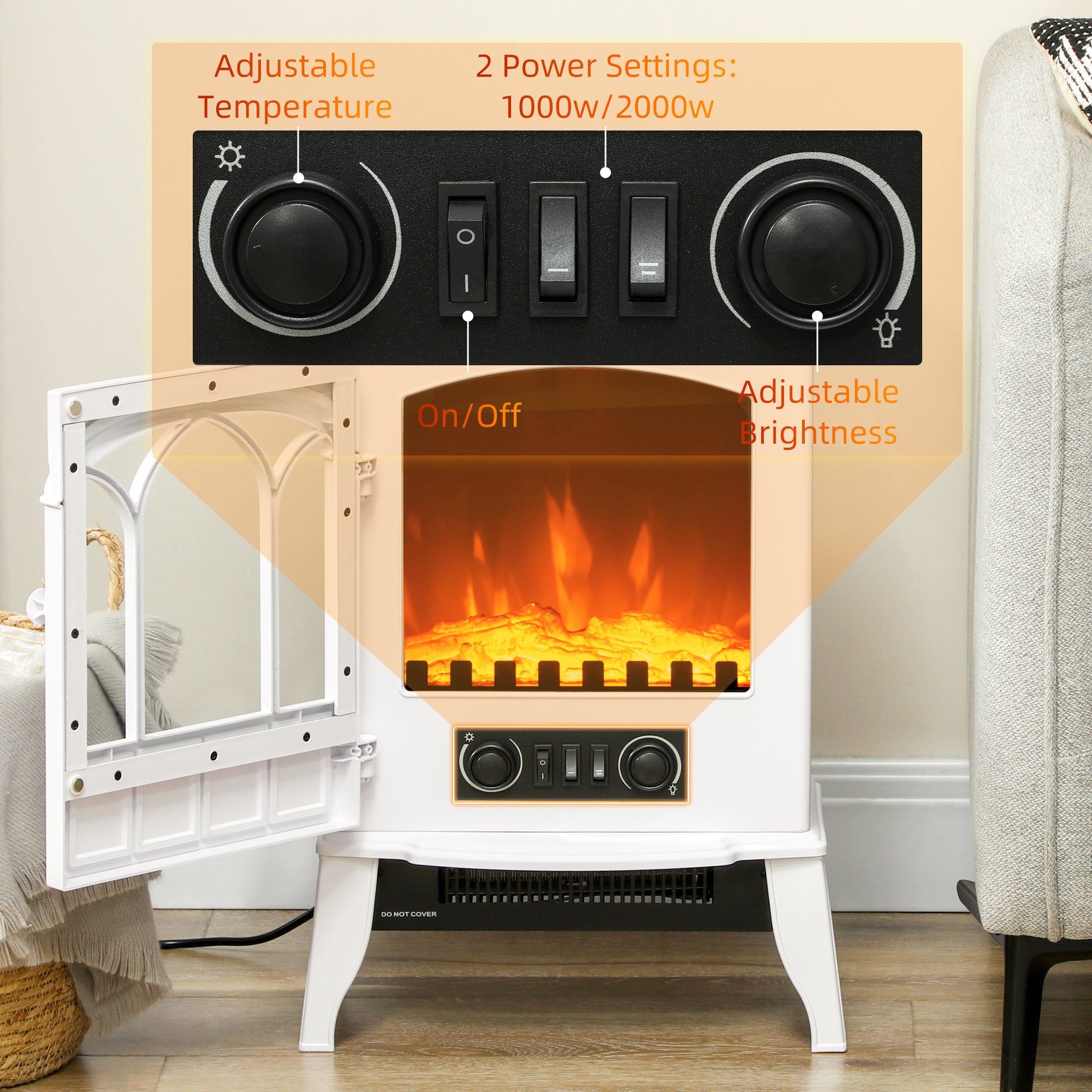 HOMCOM Freestanding Electric Fireplace, Electric Stove Heater with LED Flame Effect, Overheating Safety System, 1000W/2000W White