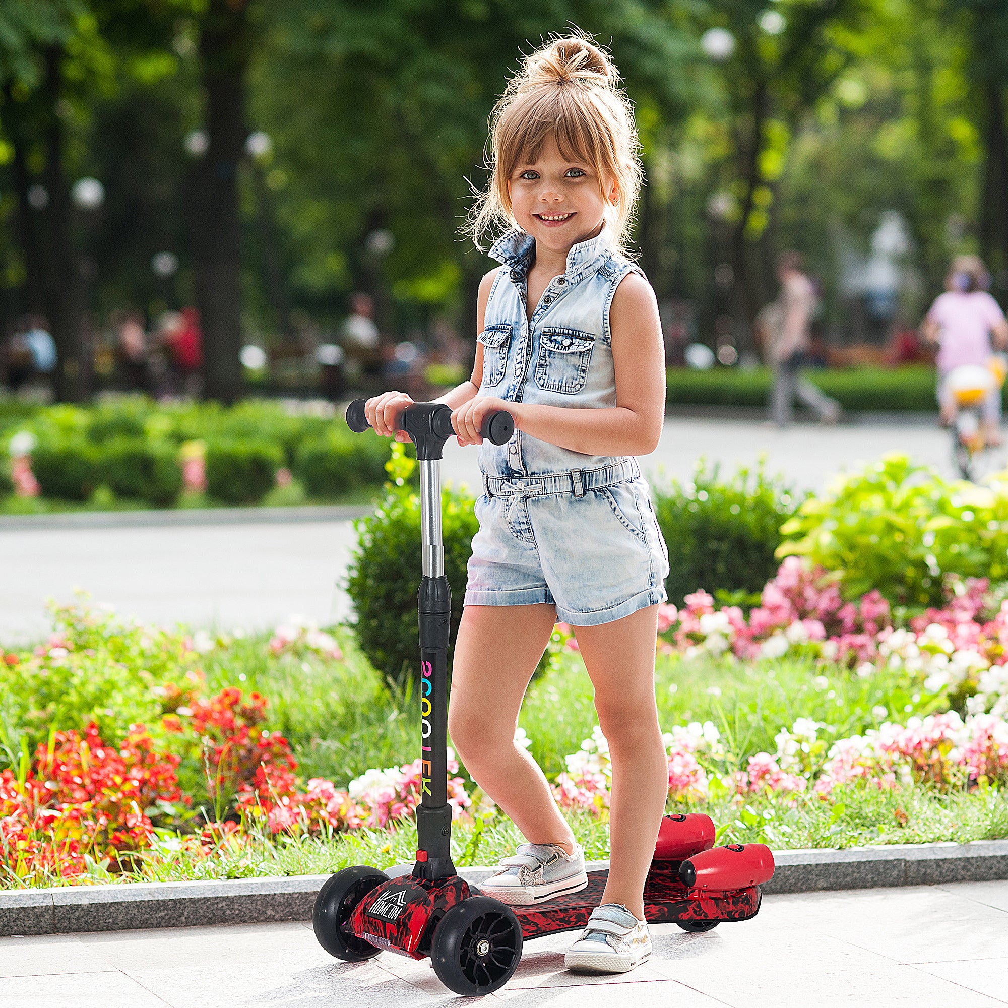 HOMCOM Scooter for Kids Toddler 3 Wheel Adjustable Height w/ Flashing Wheels Music Water Spray Foldable Kick Scooter for Boys and Girls 3 - 6 Yrs Red - North Peak Garden Furniture