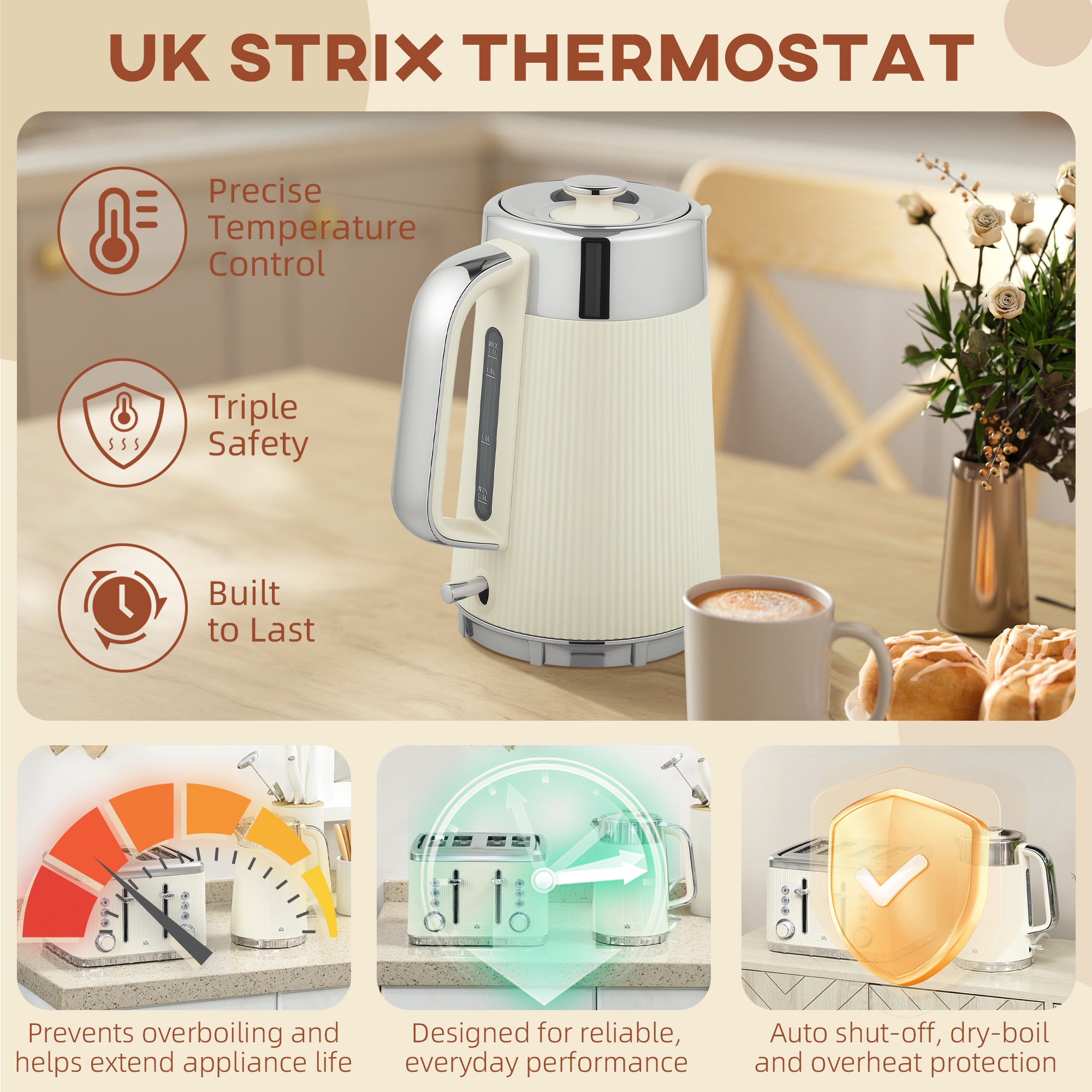HOMCOM Electric Kettle and Toaster Set, 3000W 1.7L UK Strix Thermostat Rapid Boil Jug Kettle with Limescale Filter, Cool Touch Body, 4 Slice Toaster with 7 Browning Controls, Crumb Tray, Cream