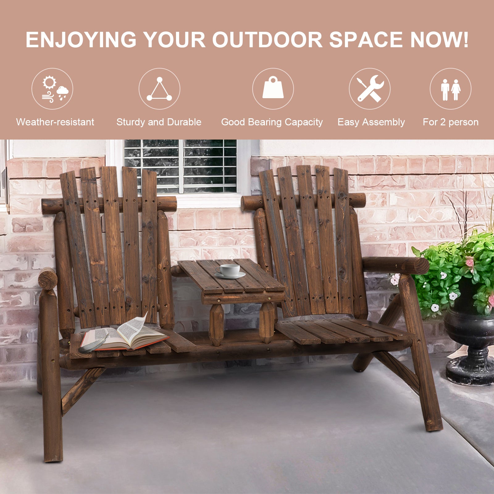 Outsunny Wood Patio Chair Bench 2 Seats Jack and Jill Seat w/ Center Coffee Table, Garden Bench, Carbonized - North Peak Garden Furniture