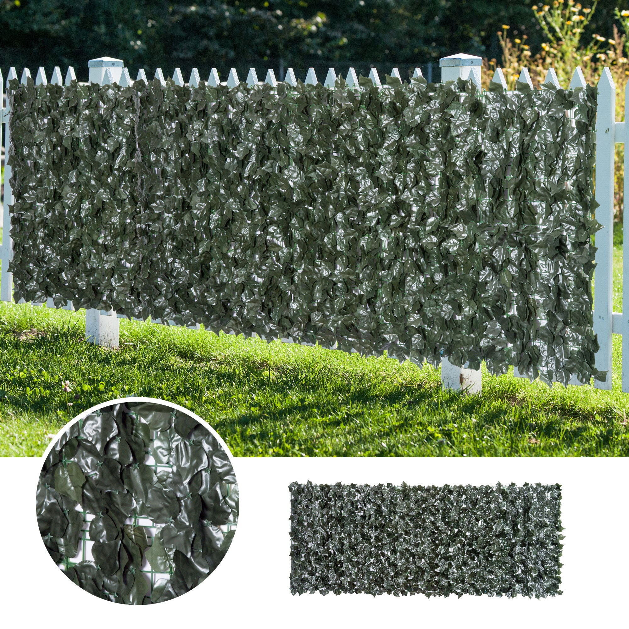 Outsunny Set of Two Artificial Leaf Hedge Screen Privacy Fence Panel for Garden Outdoor Indoor Decor, Dark Green, 3 x 1.5 m - North Peak Garden Furniture