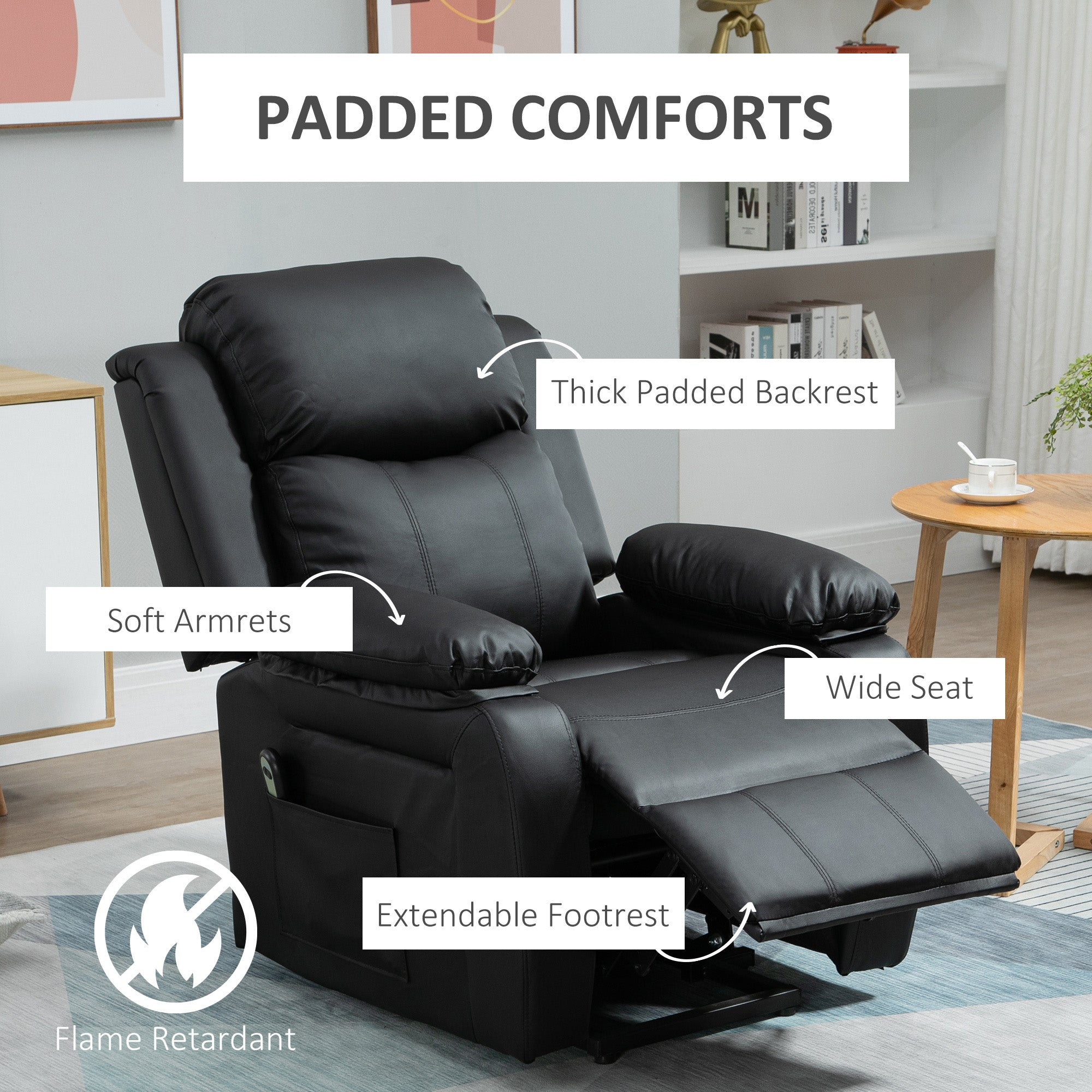 HOMCOM Power Lift Recliner Armchair, Electric Lift Chair for Elderly, Overstuffed Faux Leather, Riser and Reclining Chair with Remote Control, Side Pockets, Extended Footrest, for Living Room, Black - North Peak Garden Furniture