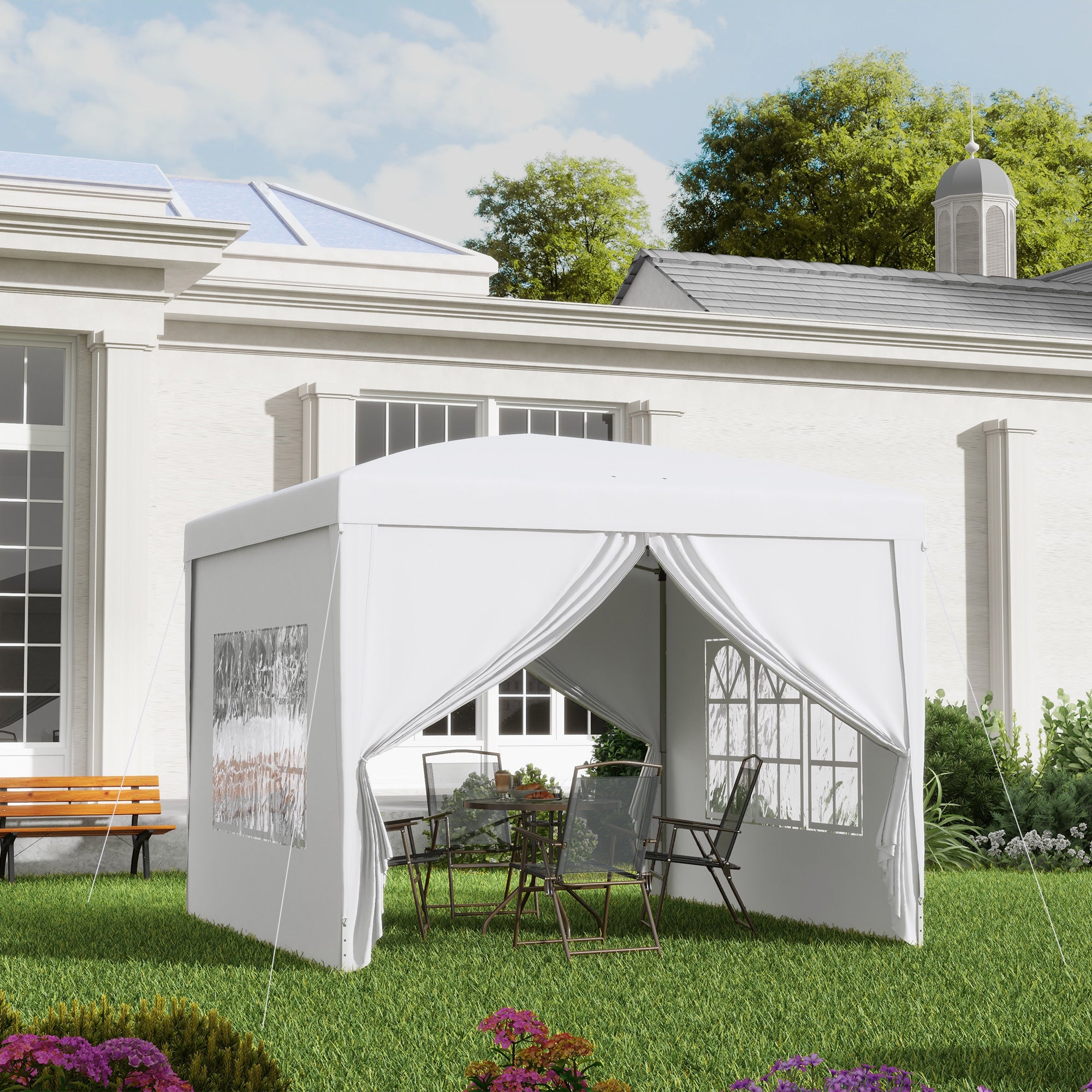 Outsunny 3 x 3m Pop Up Gazebo, Wedding Party Canopy Tent Marquee with Carry Bag and Windows, White - North Peak Garden Furniture