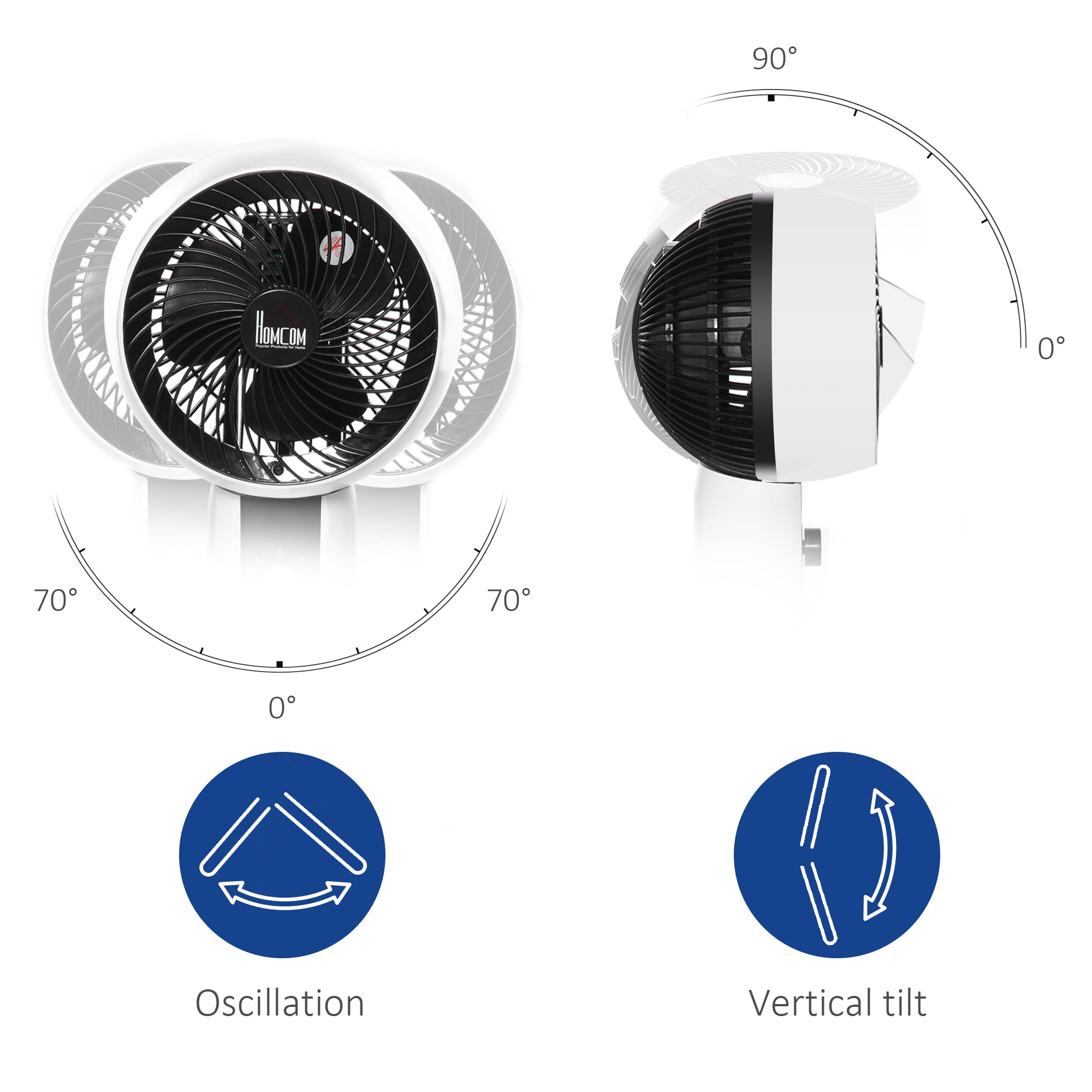 HOMCOM 9'' Air Circulator Fan 3 Speed, 70° Oscillation 90° Vertical Tilt, Carry Handle, Pedestal Fan, Air Circulator for Living Room, Bedroom, Office, White - North Peak Garden Furniture