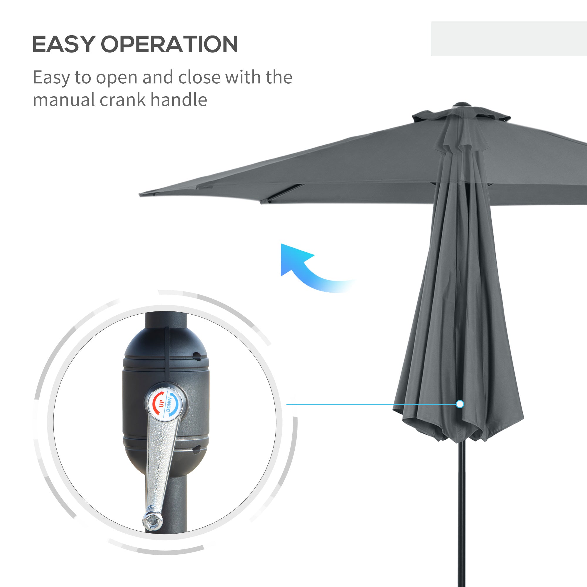 Outsunny 3(m) Tilting Parasol Garden Umbrellas, Outdoor Sun Shade with 8 Ribs, Tilt and Crank Handle for Balcony, Bench, Garden, Dark Grey - North Peak Garden Furniture