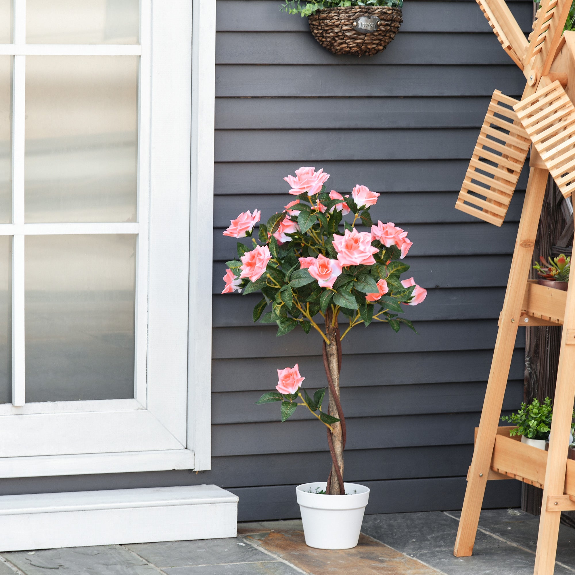Outsunny Set of 2 Artificial Plants Pink Rose Floral in Pot, Fake Plants for Home Indoor Outdoor Decor, 90cm - North Peak Garden Furniture