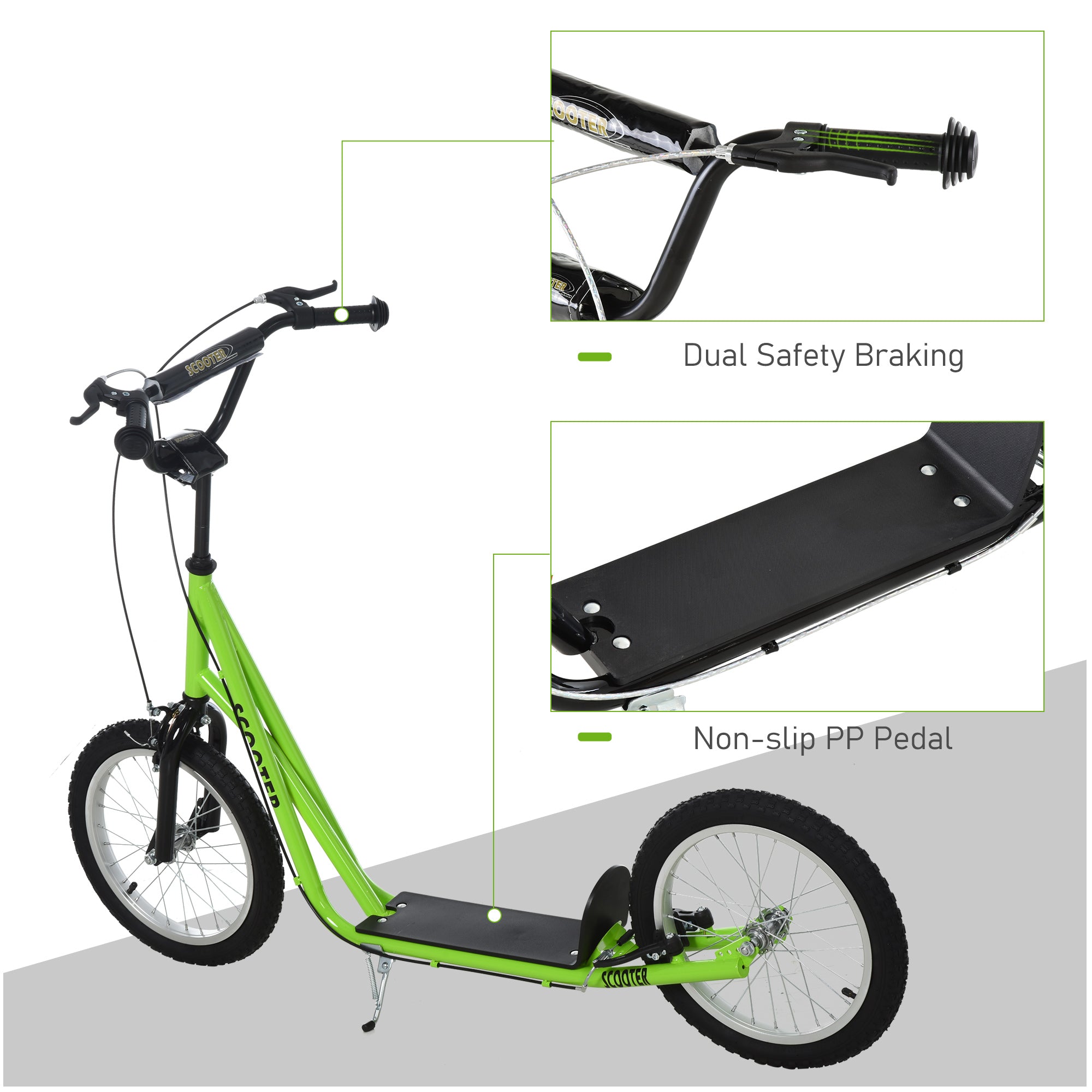 HOMCOM Kick Scooters for Kids with Adjustable Height, Anti-Slip Deck, Dual Brakes, Rubber Tyres, for Boys and Girls Aged 5+ Years Old - Green - North Peak Garden Furniture
