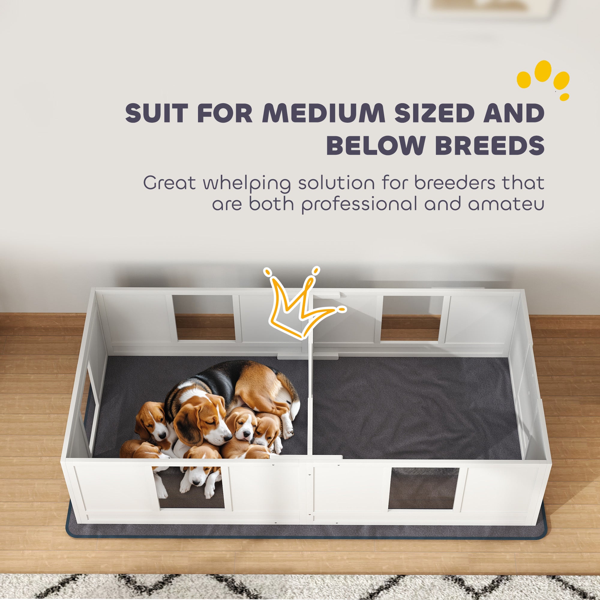 PawHut Two Room Design Whelping Box for Dogs with Whelping Pad, Clear Panels, Adjustable Entrance, for Medium Dogs, 196 x 96cm