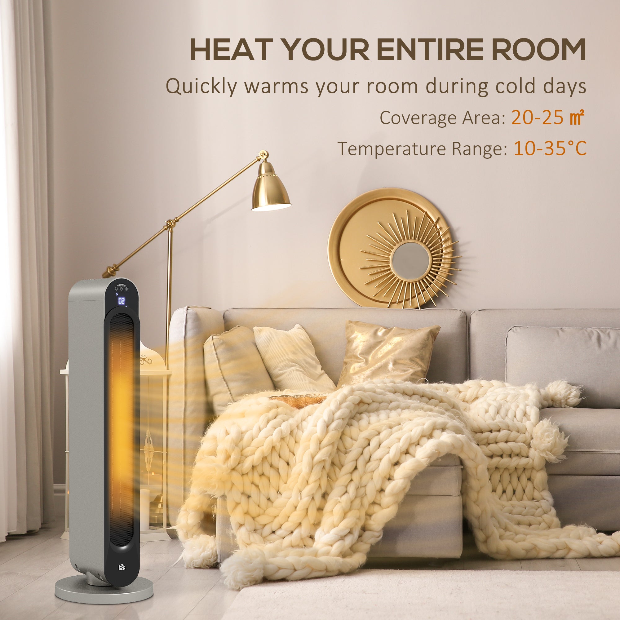 HOMCOM 2kW PTC Ceramic Tower Heater, 10-35°C Temperature Range - North Peak Garden Furniture