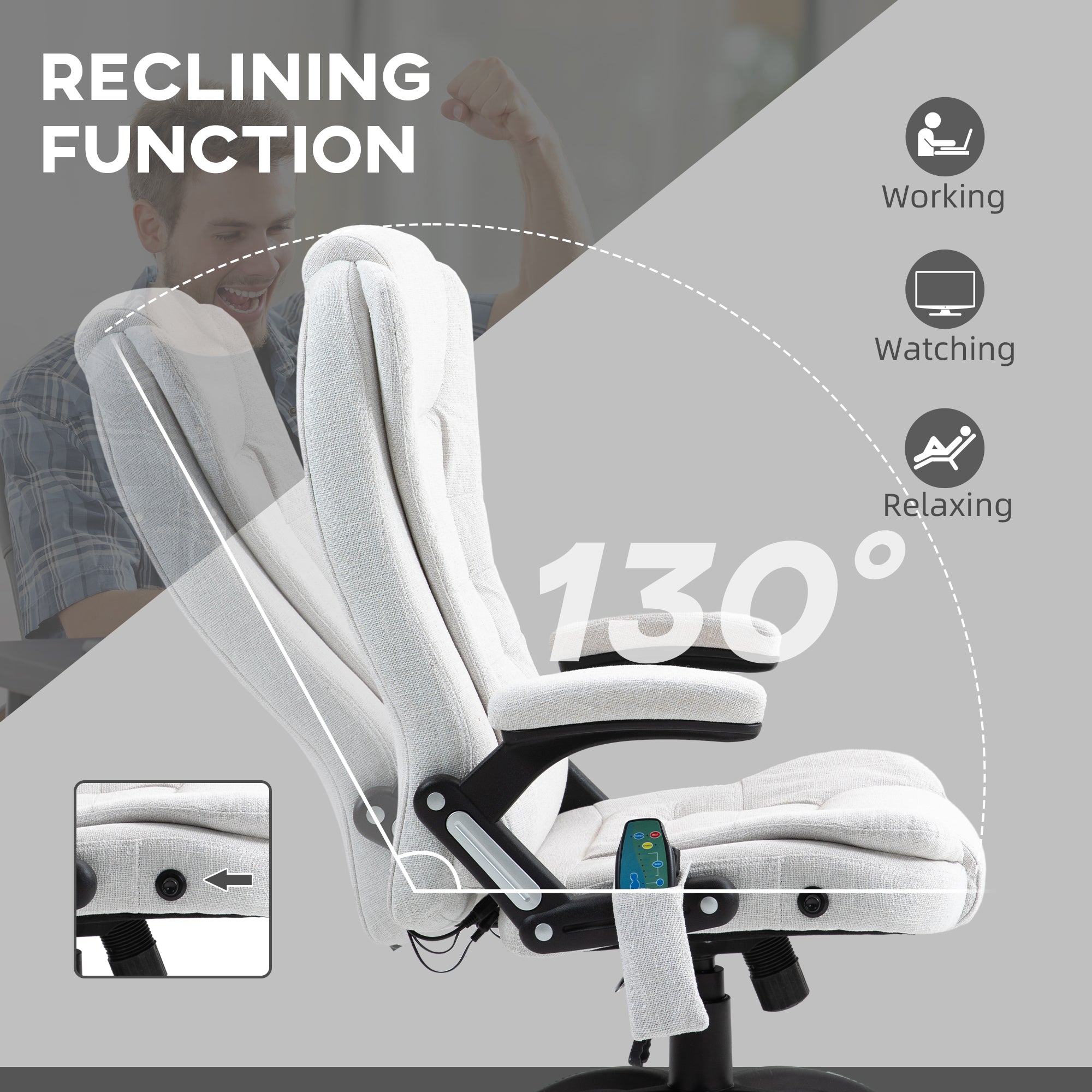 Vinsetto Massage Recliner Chair Heated Office Chair with Six Massage Points Linen-Feel Fabric 360° Swivel Wheels Cream White - North Peak Garden Furniture