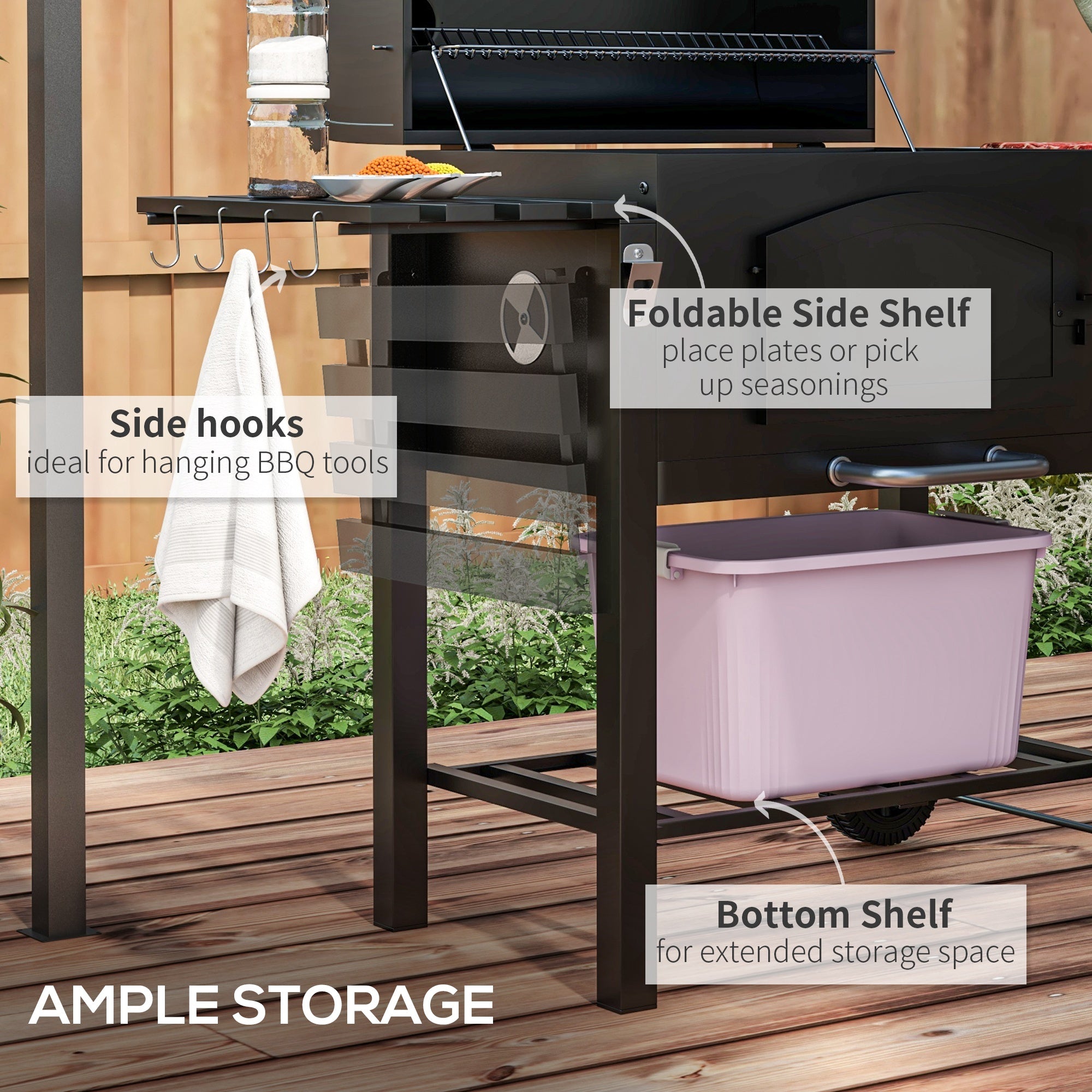Outsunny Charcoal Barbecue Grill Trolley Garden Smoker with Shelves, Adjustable Height, Thermometer on Lid, Opener and Wheels - North Peak Garden Furniture