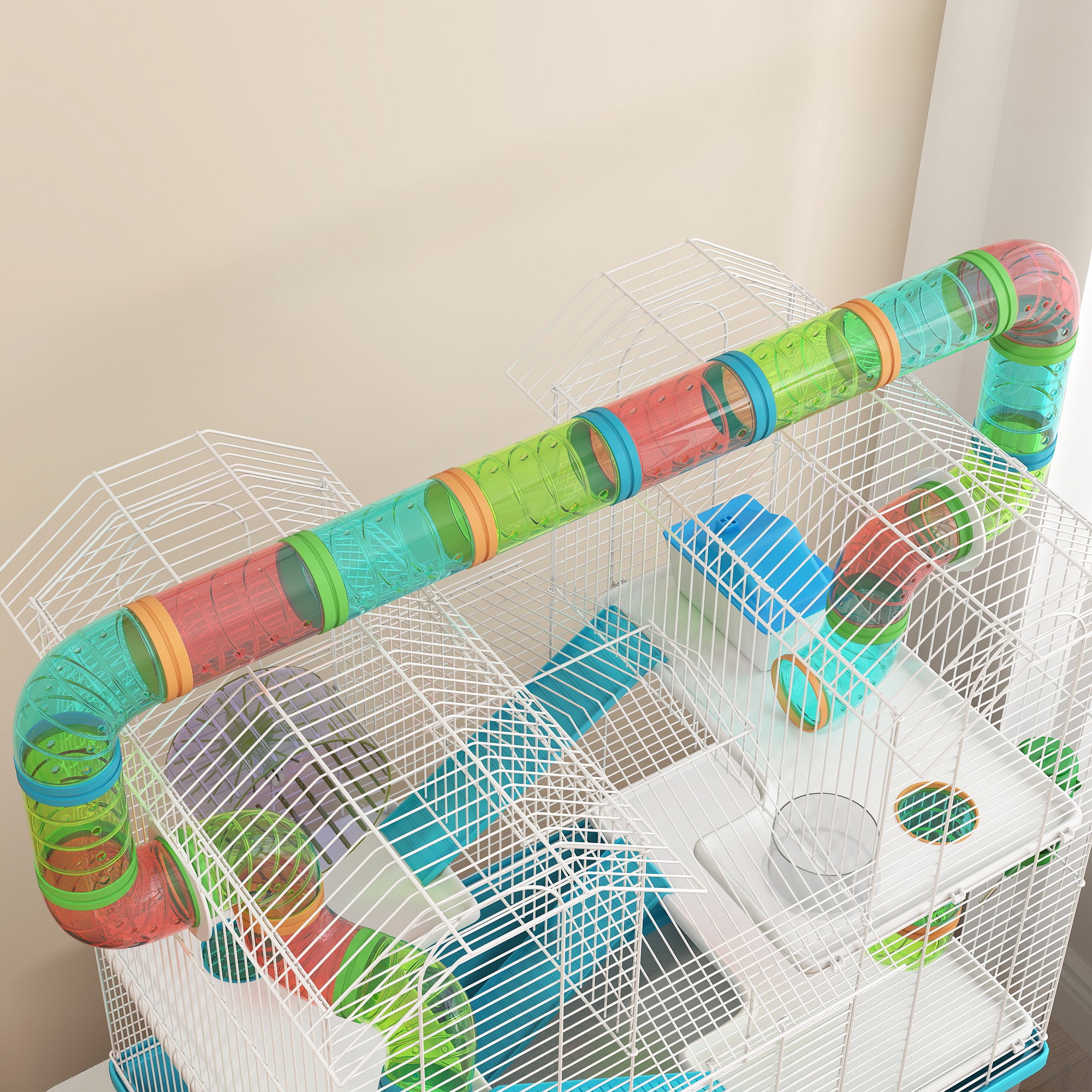 PawHut 4 Tier Hamster Cage w/ Tubes, Exercise Wheel, Hut, Water Bottle, Food Dish, Ramps, for Drawf, 58 x 36 x 65cm, Light Blue