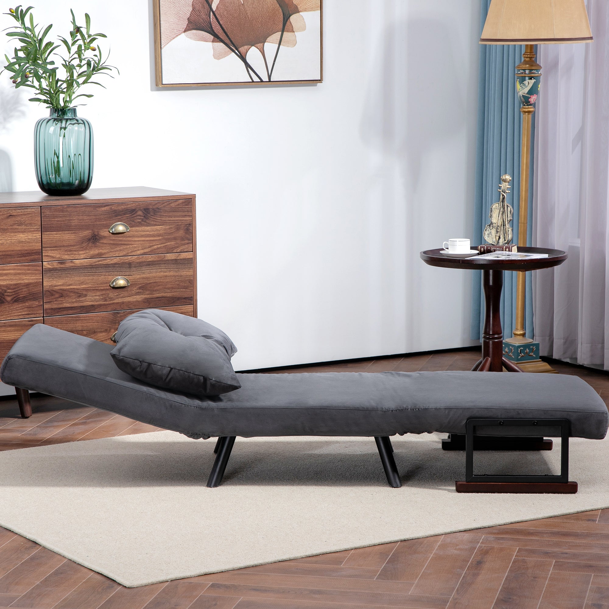 HOMCOM 4-in-1 Velvet-Feel Single Chair Bed, with Pillow - Charcoal Grey - North Peak Garden Furniture