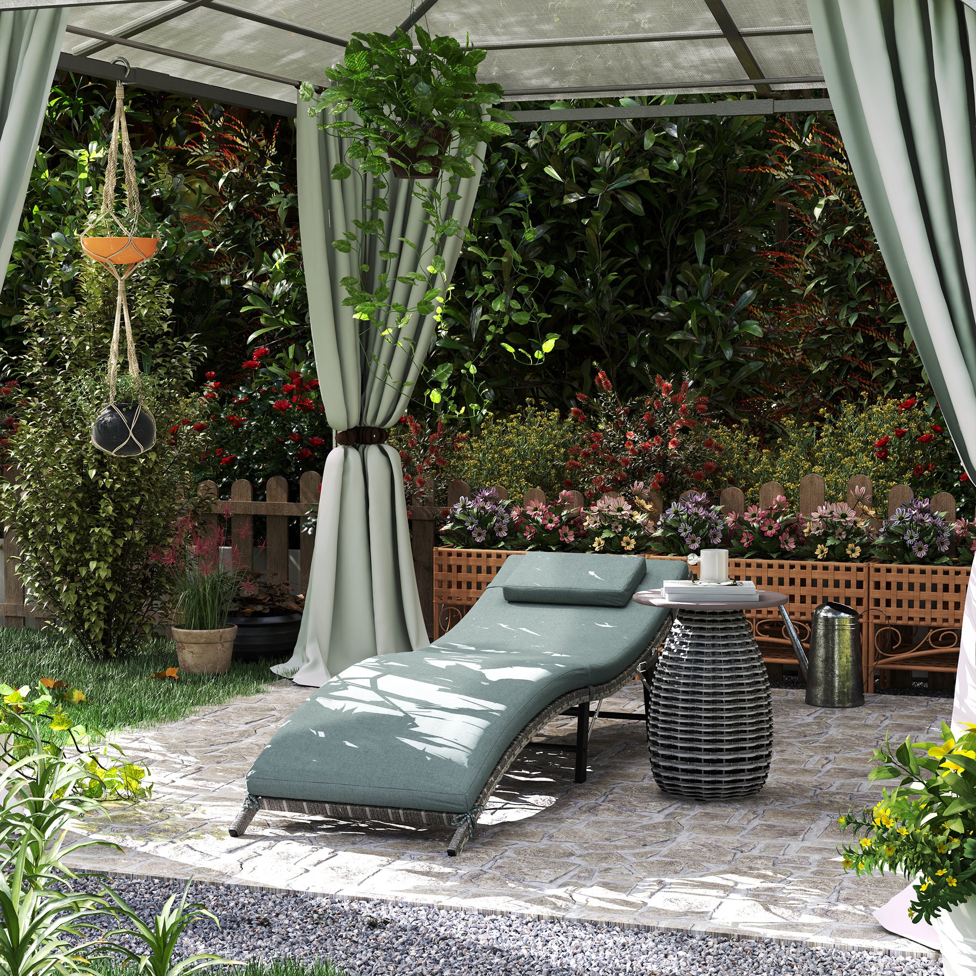 Outsunny Rattan Folding Sun Lounger Outdoor Chair with Cushion and Pillow Mixed Grey - North Peak Garden Furniture