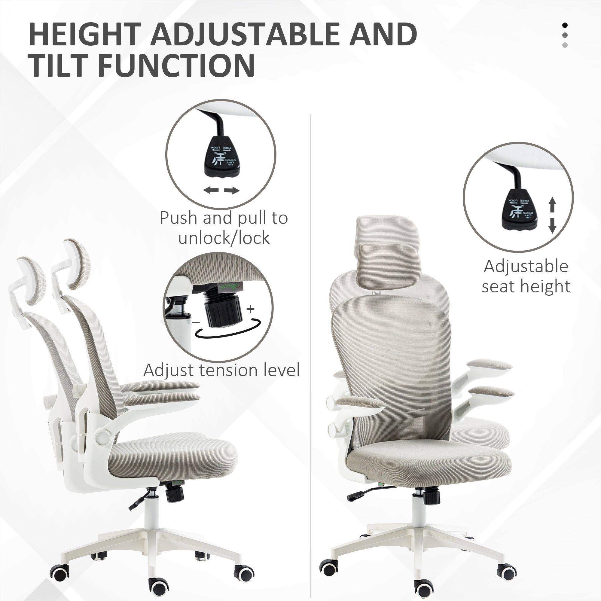 Vinsetto Multi-Adjustable Office Chair, with Lumbar Support, Headrest and Mesh Back - Grey - North Peak Garden Furniture