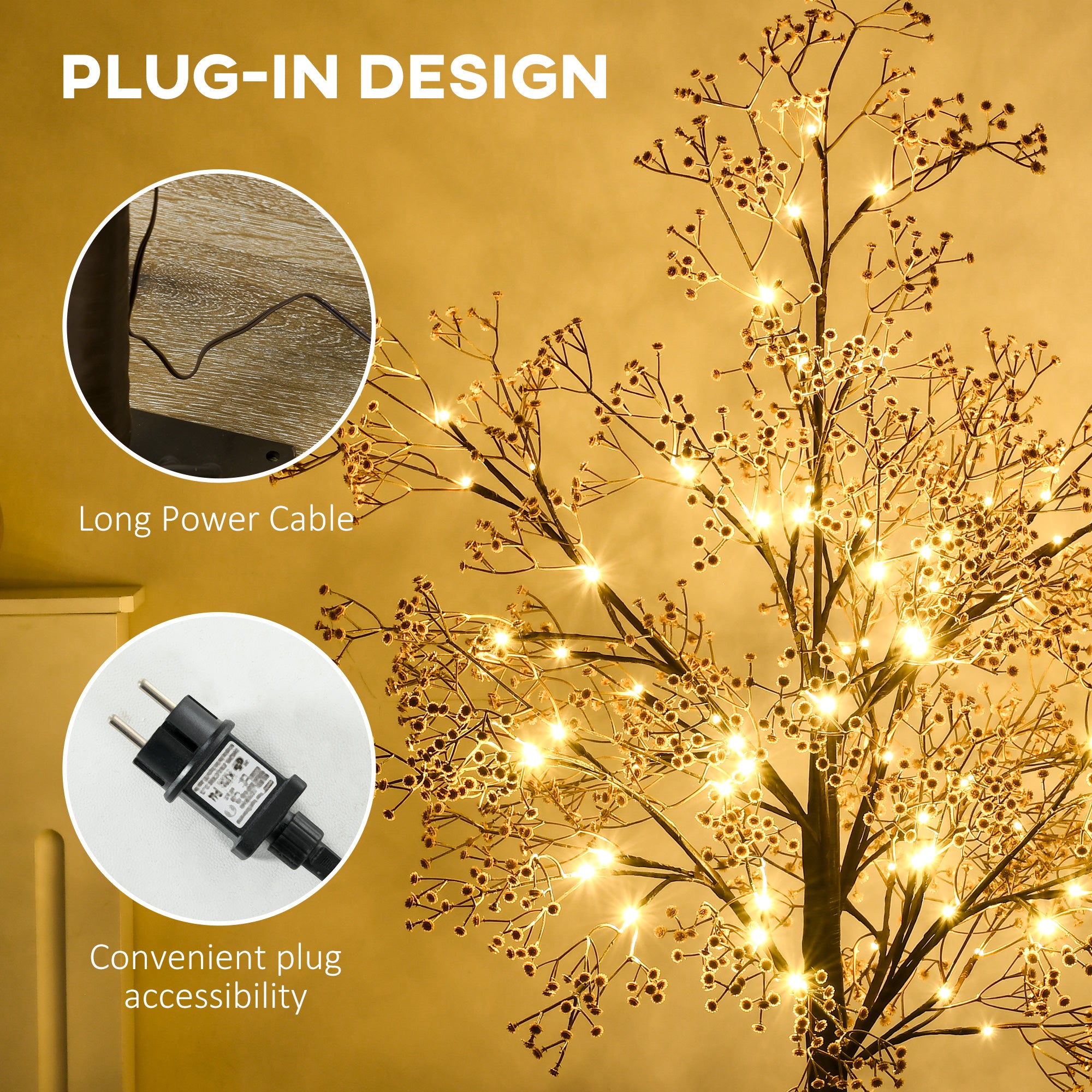 HOMCOM 4ft Artificial Gypsophila Blossom Tree Light with 72 Warm White LED Light, Baby Breath Flowers for Home Party Wedding, Indoor and Outdoor Use - North Peak Garden Furniture