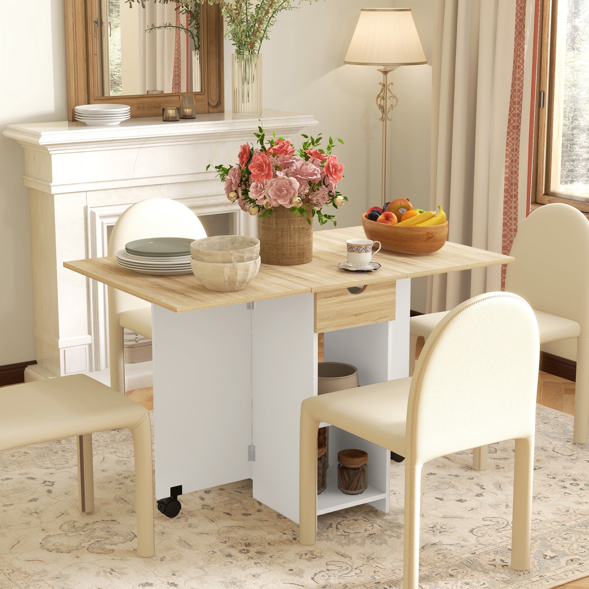 HOMCOM Folding Dining Table, Drop Leaf Table for Small Spaces, Foldable Table with Drawer and Storage Shelves for Kitchen, Dining Room, Oak - North Peak Garden Furniture