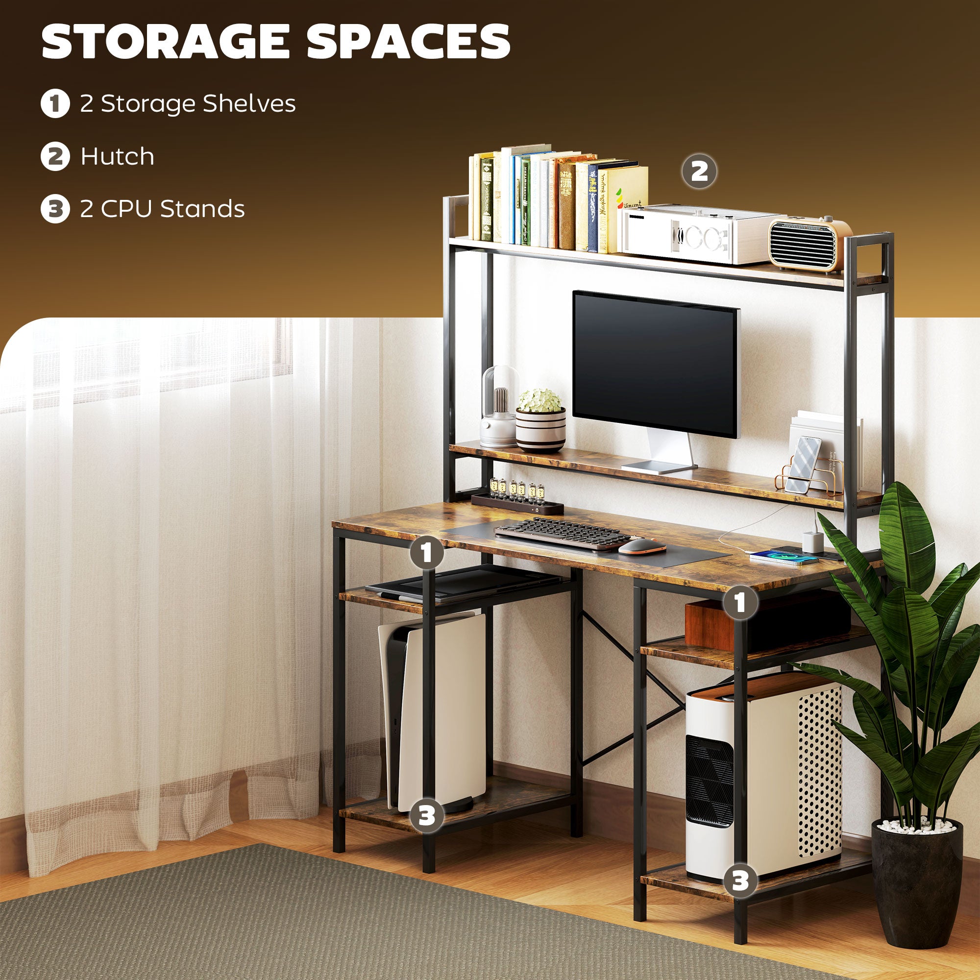 HOMCOM Computer Desk with Power Outlets and LED Lights, Home Office Desk with Monitor Stand and 2 CPU Stands, Study Table Gaming Desk with Hutch, Rustic Brown - North Peak Garden Furniture
