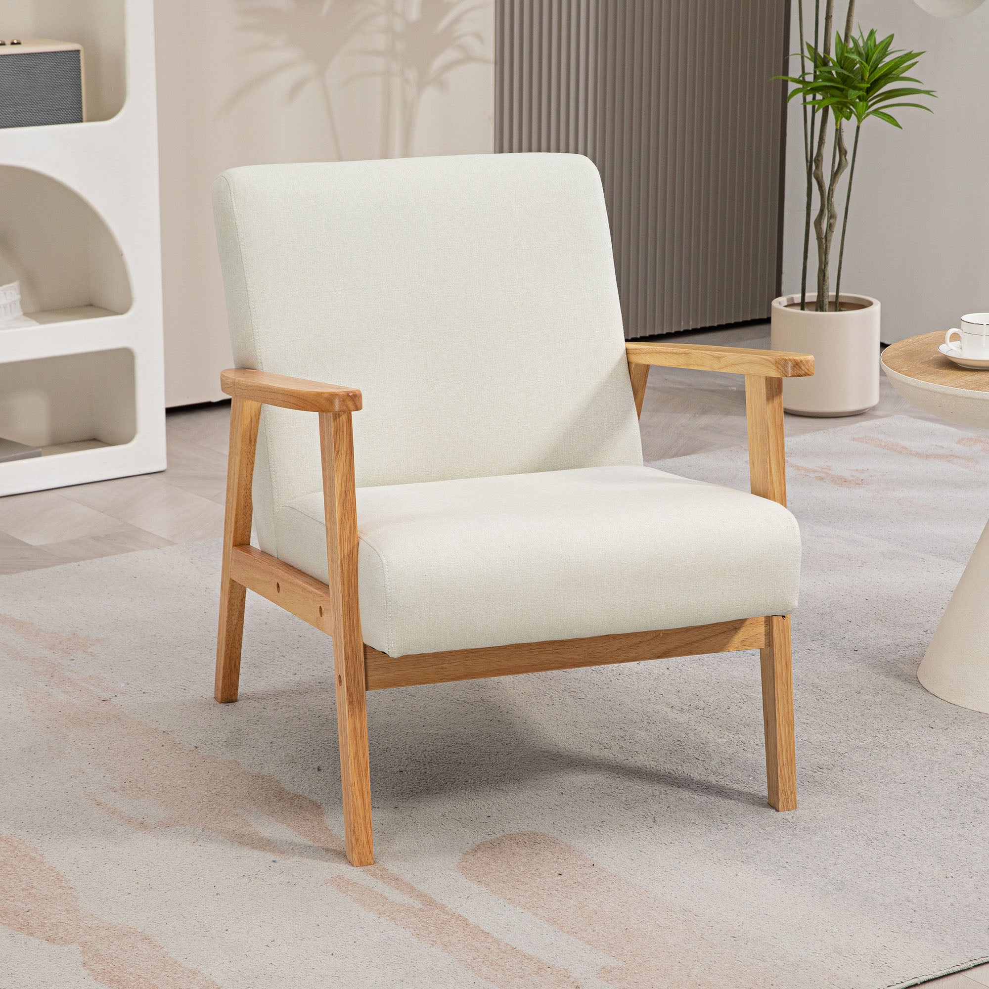 HOMCOM Fabric Accent Chair for Living Room, Arm Chair with Rubber Wood Frame and Padded Cushion, Cream White - North Peak Garden Furniture