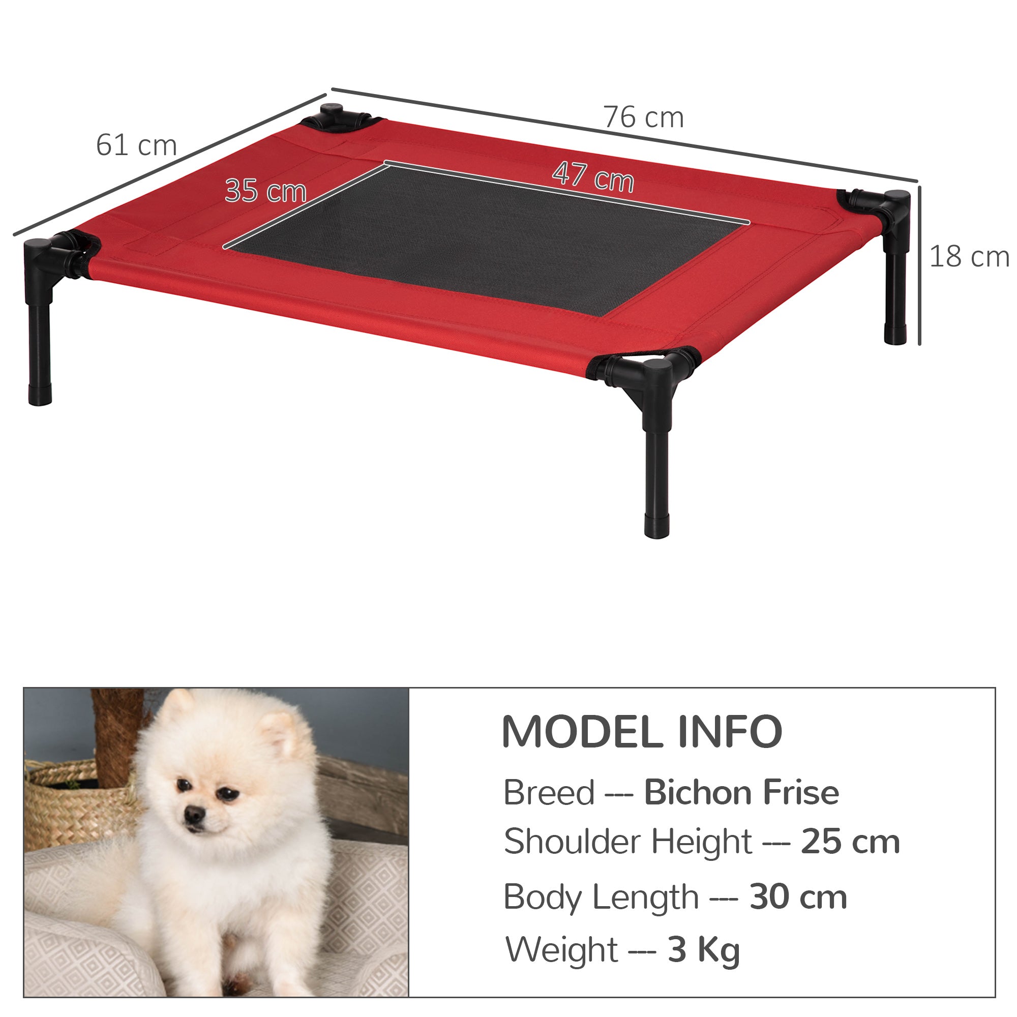 PawHut Elevated Dog Bed, Portable Camping Pet Cot with Metal Frame, for Medium Dogs, Black and Red