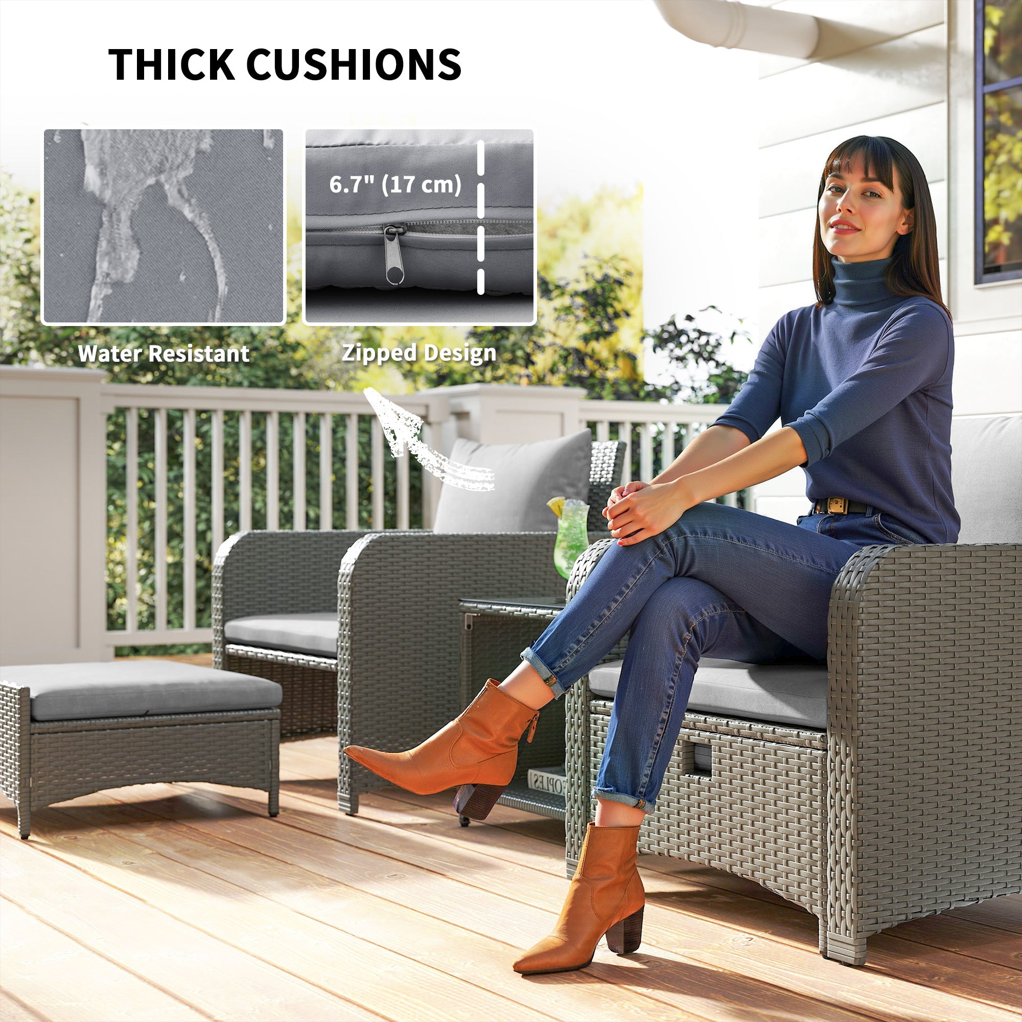 Outsunny Five Piece Rattan Garden Furniture Set with 2-Tier Coffee Table and Ottomans - Grey - North Peak Garden Furniture
