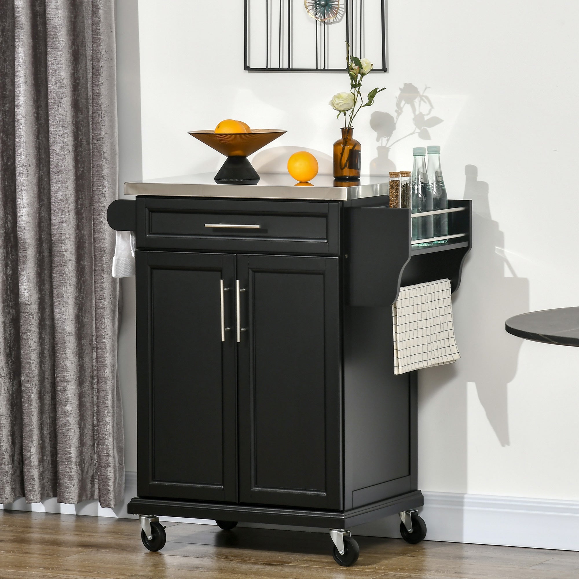 HOMCOM Wooden Kitchen Island on Wheels, Serving Cart Storage Trolley with Stainless Steel Top, Drawer, Side Handle and Rack, Black