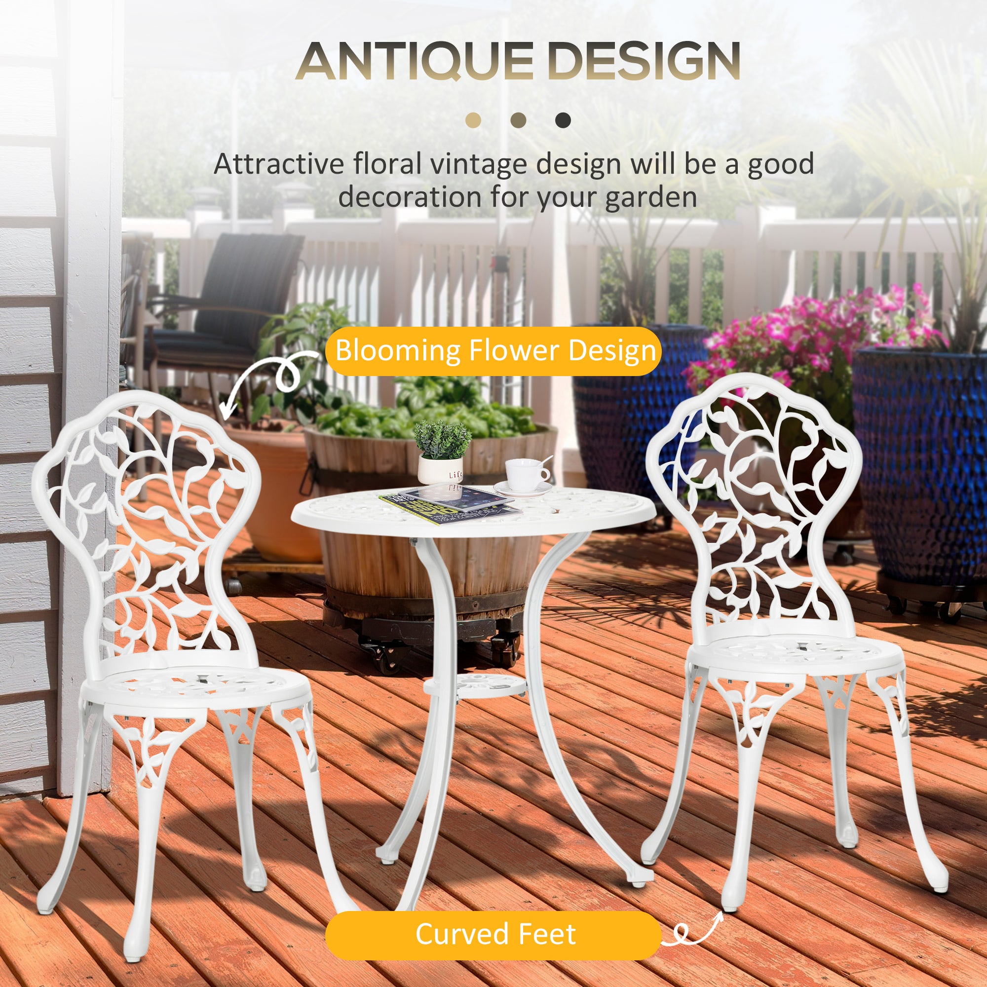 Outsunny 3 Pcs Aluminium Bistro Set Garden Furniture Dining Table Chairs Antique Outdoor Seat Patio Seater White - North Peak Garden Furniture