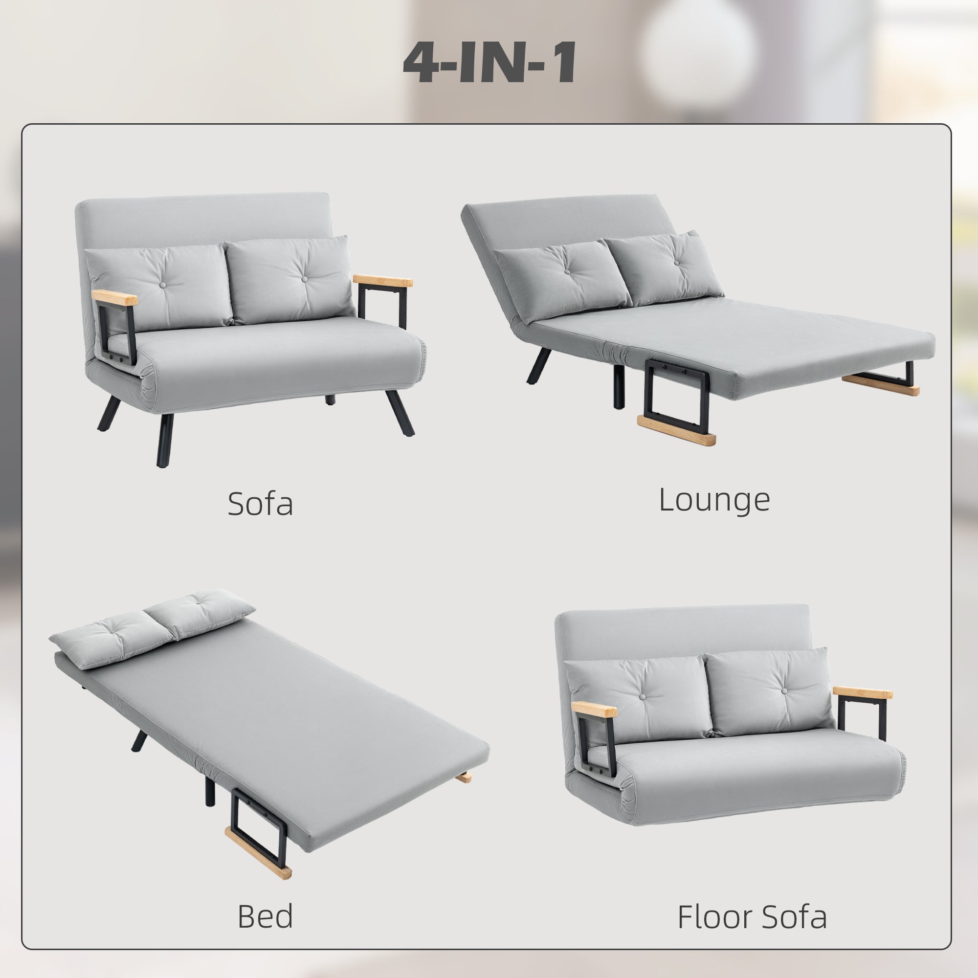HOMCOM 4-in-1 Velvet-Feel Double Sofa Bed, with Pillows - Light Grey - North Peak Garden Furniture