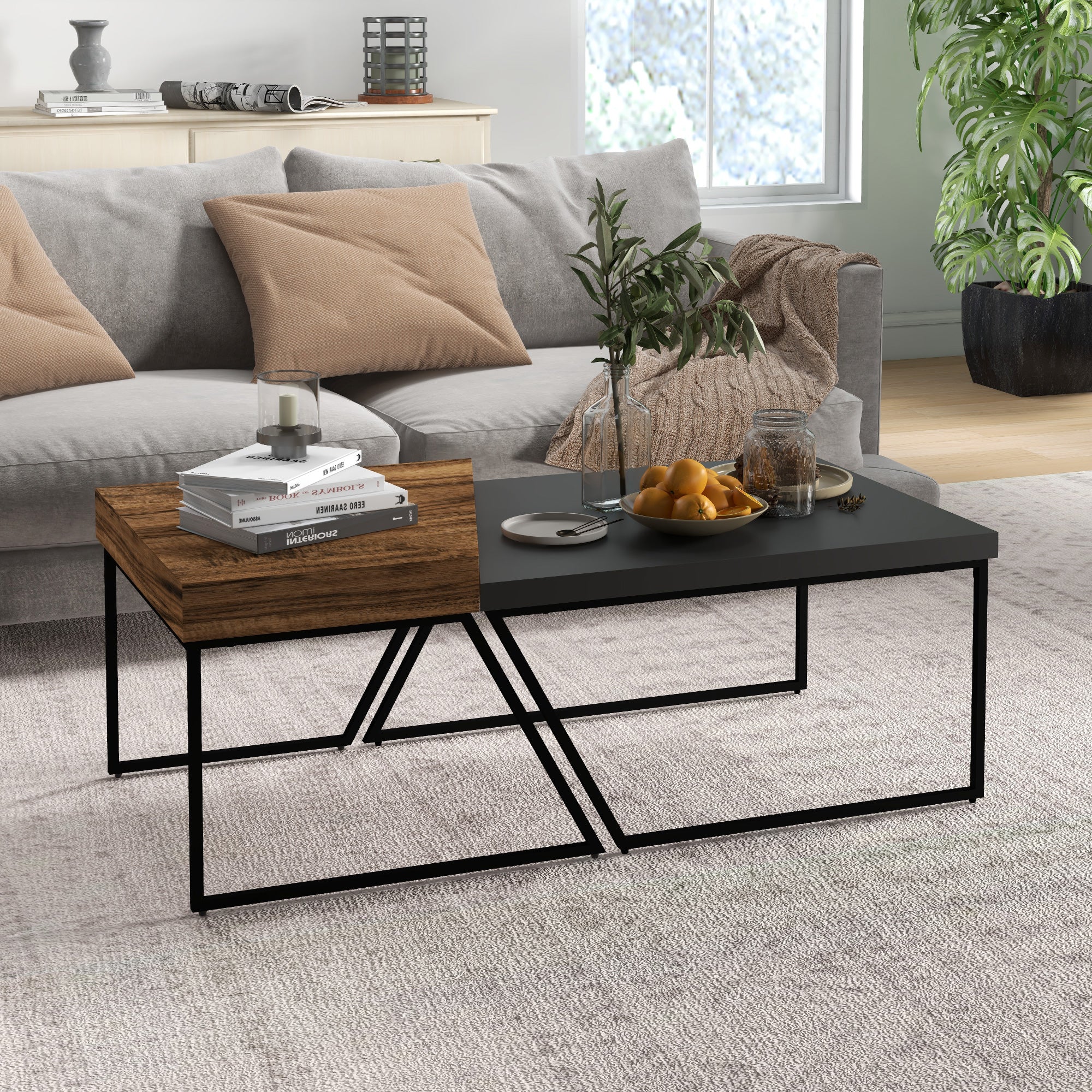 HOMCOM Coffee Table Set of 2, Industrial Nesting Table with Steel Frame and 8cm Thick Tabletop, Sofa Side End Table for Living Room, Rustic Brown - North Peak Garden Furniture