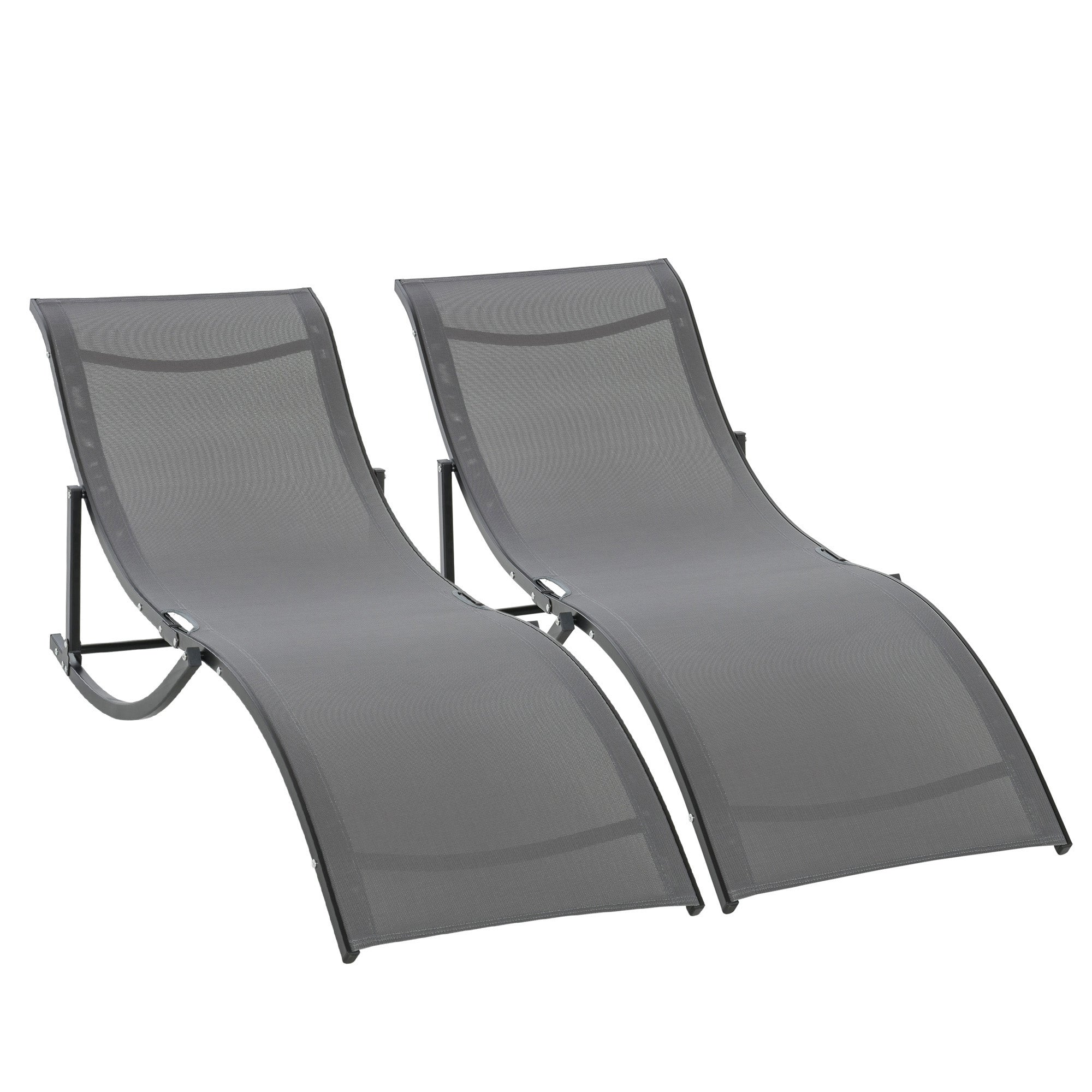 Outsunny Set of 2 S-shaped Foldable Lounge Chair Sun Lounger Reclining Outdoor Chair for Patio Beach Garden, Grey - North Peak Garden Furniture