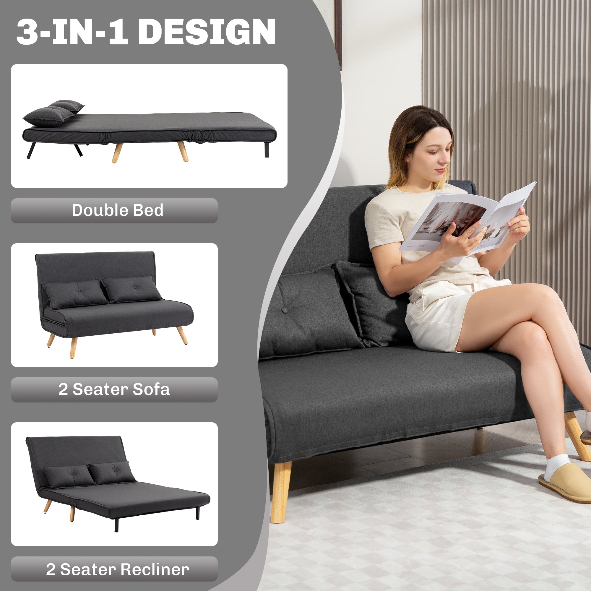 HOMCOM Two-Seater Linen-Look Sofa Bed - Charcoal Grey