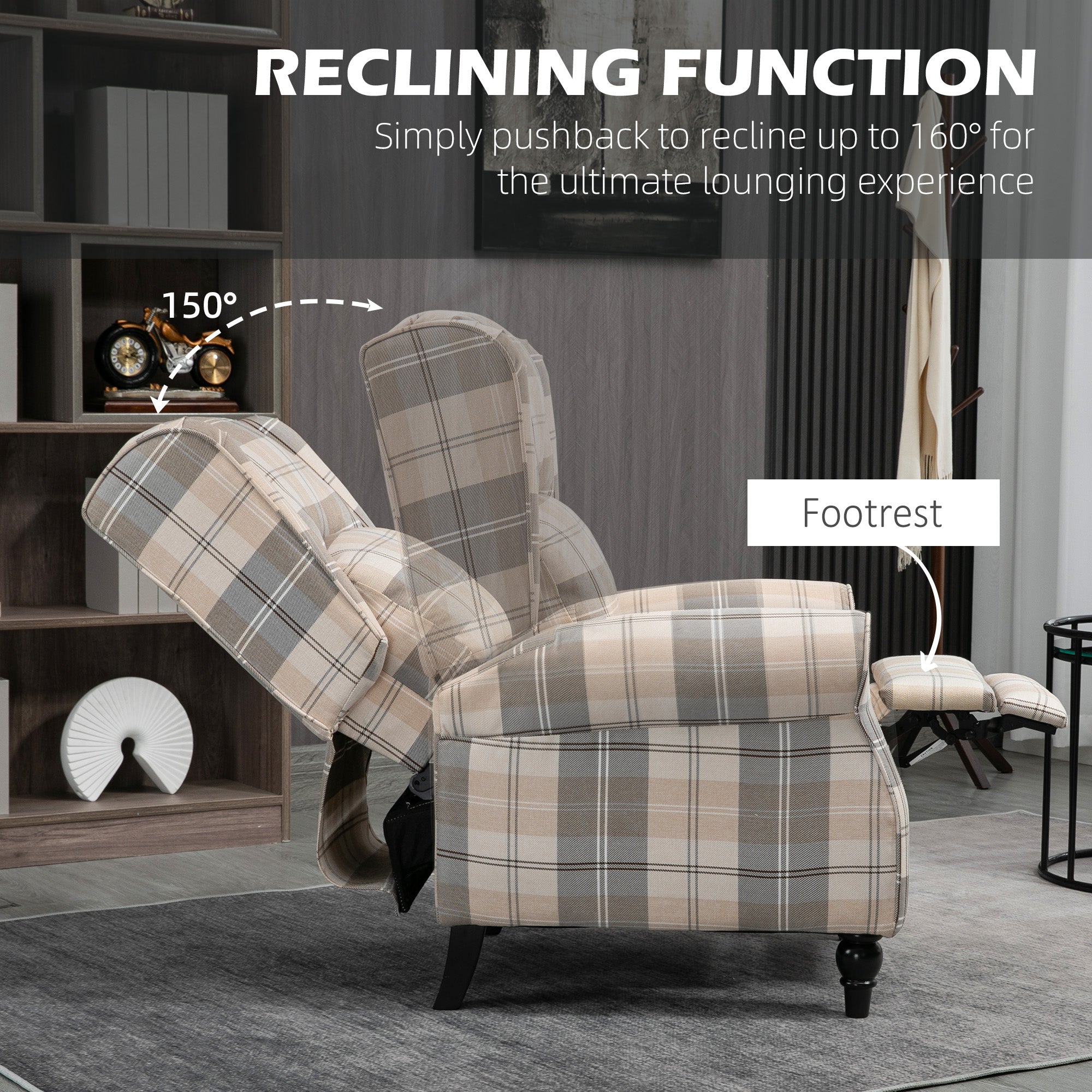 HOMCOM Farmhouse Recliner Armchair for Living Room, Wingback Reclining Chair with Footrest, Round Armrests and Rubber Wood Legs, Khaki - North Peak Garden Furniture