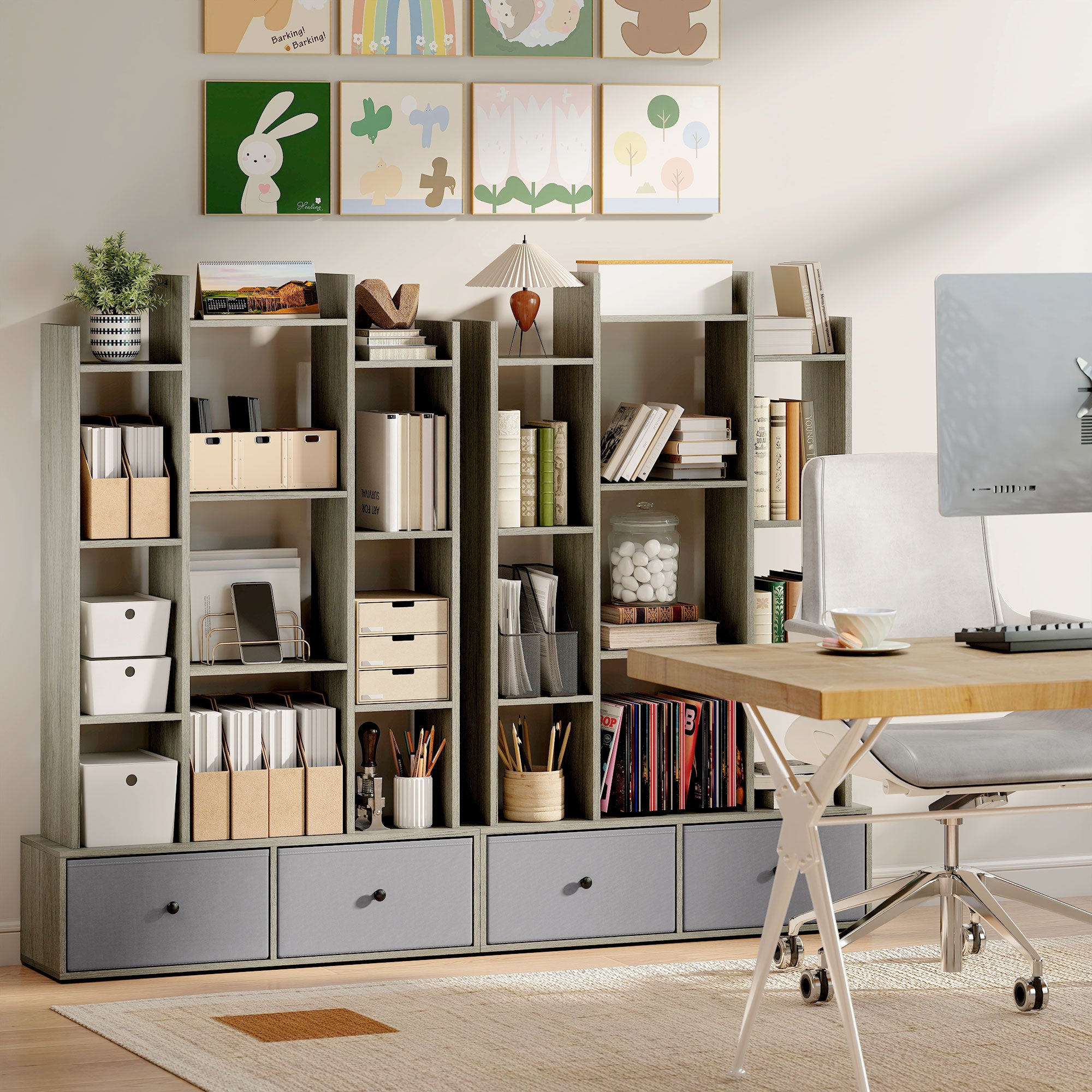 HOMCOM 12 Shelf Storage Unit, with Drawers - Graphite Wood Effect