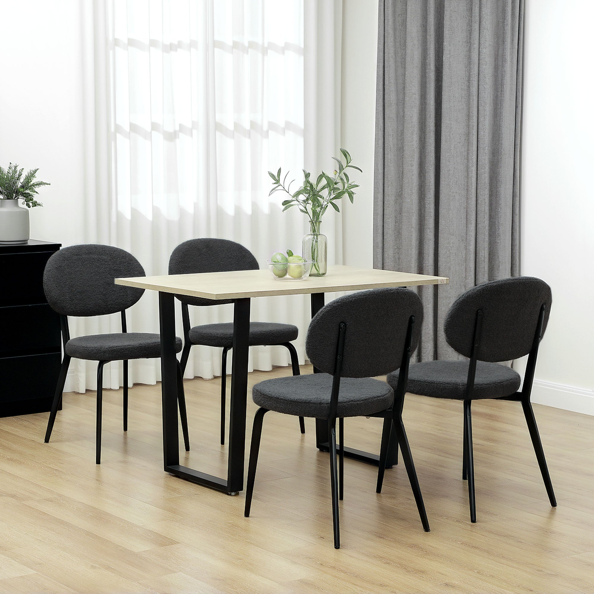 HOMCOM Boucle Dining Chairs Set of 4, Modern Upholstered Sherpa Kitchen Chairs with Backrest, Metal Legs and Padded Seat for Dining Room, Bedroom, Living Room, Black - North Peak Garden Furniture