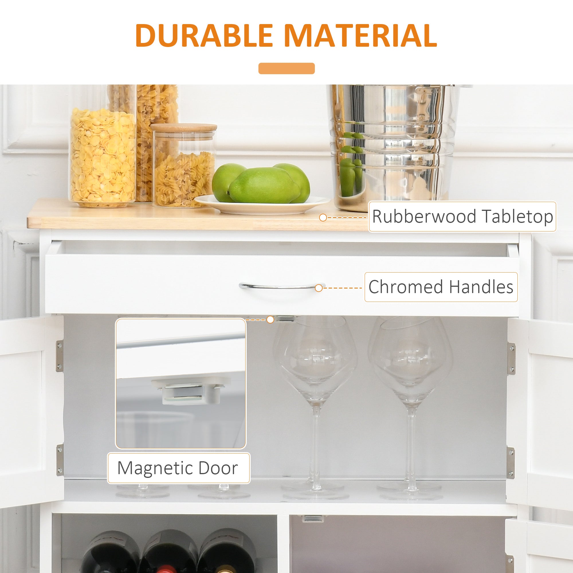 HOMCOM Modern Kitchen Trolley, Rolling Island Storage Cart with Drawer, 9-bottle Wine Rack, Door Cabinets, Wooden Countertop, White - North Peak Garden Furniture