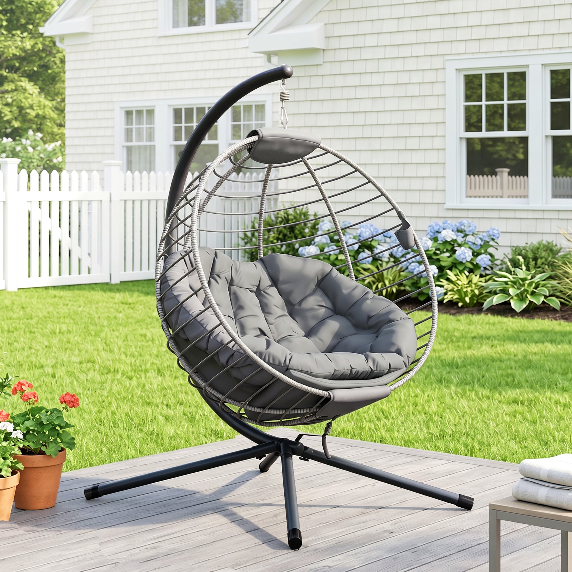 Outsunny PE Rattan Swing Chair, Outdoor Hanging Chair with Metal Stand, Thick Padded Cushion, Foldable Basket and Cup Holder, for Indoor and Outdoor, Grey