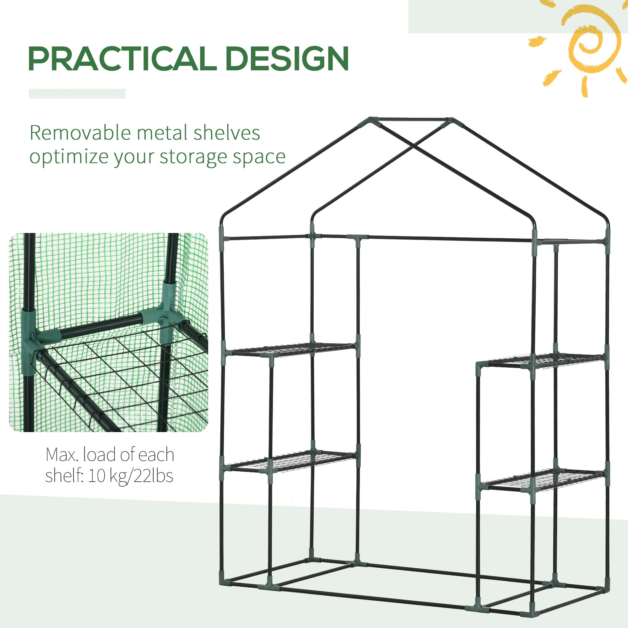 Outsunny Walk In Greenhouse for Outdoor, Portable Gardening Plant Grow House with 2 Tier Shelf, Roll-Up Zippered Door, PE Cover, 141 x 72 x 191cm, Green - North Peak Garden Furniture