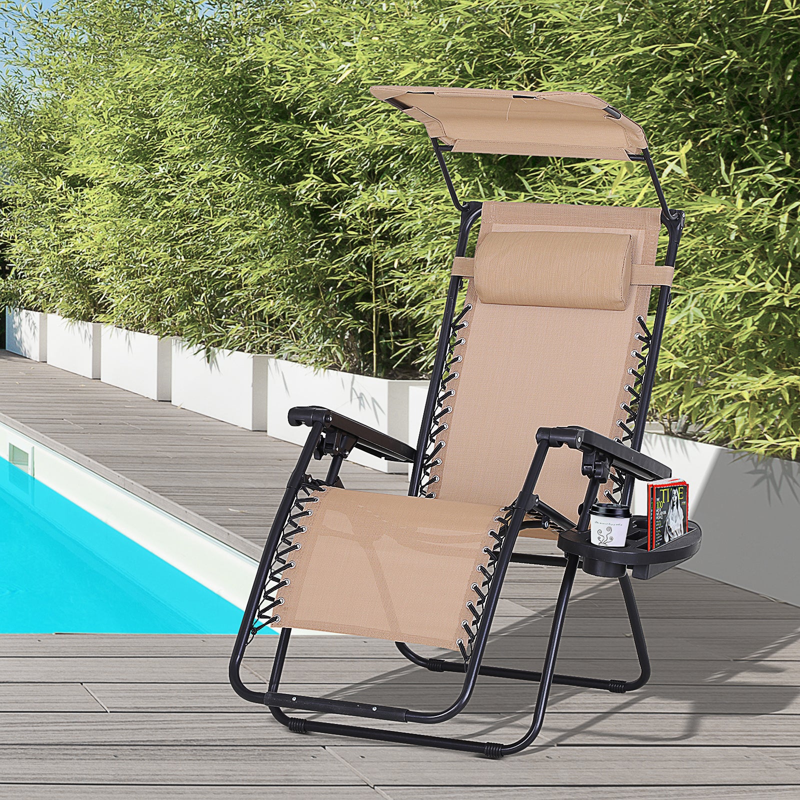 Outsunny Outdoor Zero Gravity Recliner Chair with Canopy Shade and Cup Holder, Folding Patio Sun Lounger, Beige