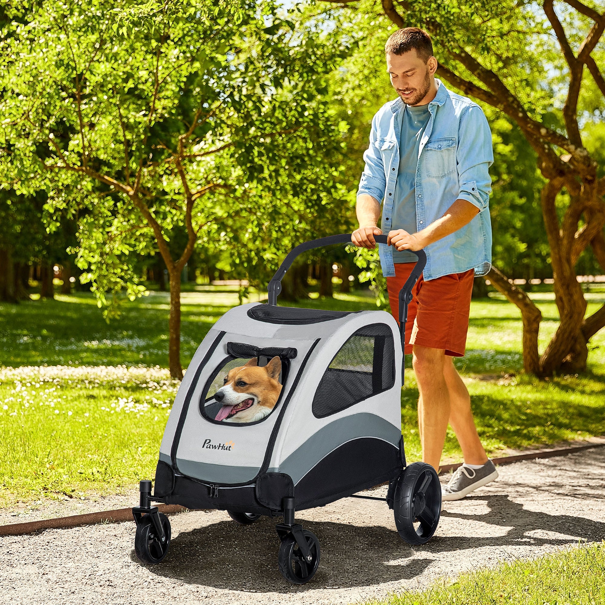 PawHut Pet Stroller for Medium Dogs Cat Pushchair Buggy Pram with 4 Wheels Safety Leash Zipper Doors Mesh Windows Storage Bag - Grey - North Peak Garden Furniture