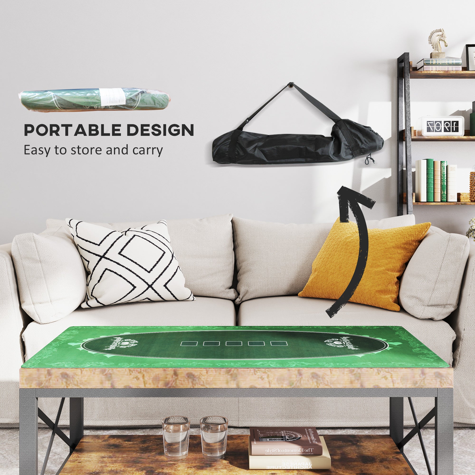 SPORTNOW 120 x 60 cm Professional Texas Hold'em Poker Mat 6 Player Water-Resistant Poker Table Top Rubber Poker Table Mat with Felt Surface Carry Bag, Green - North Peak Garden Furniture