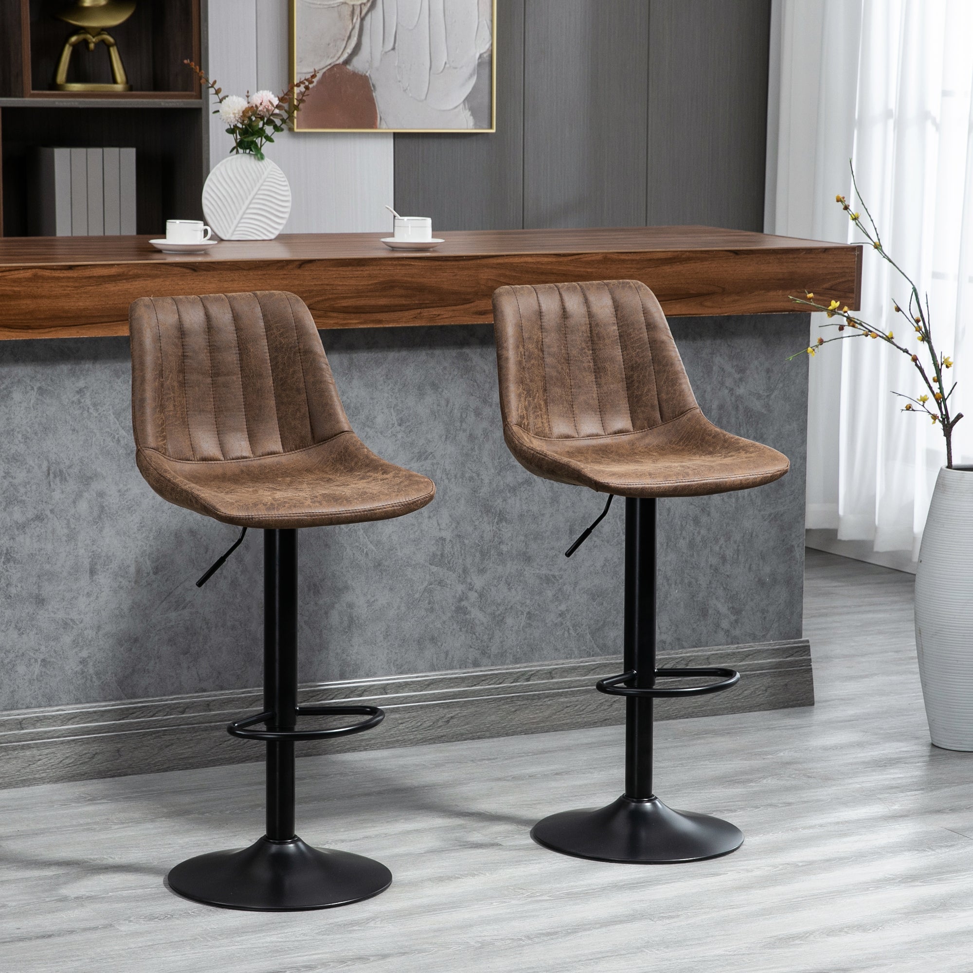 HOMCOM Adjustable Bar Stools Set of 2 Counter Height Barstools Dining Chairs 360° Swivel with Footrest for Home Pub, Brown - North Peak Garden Furniture