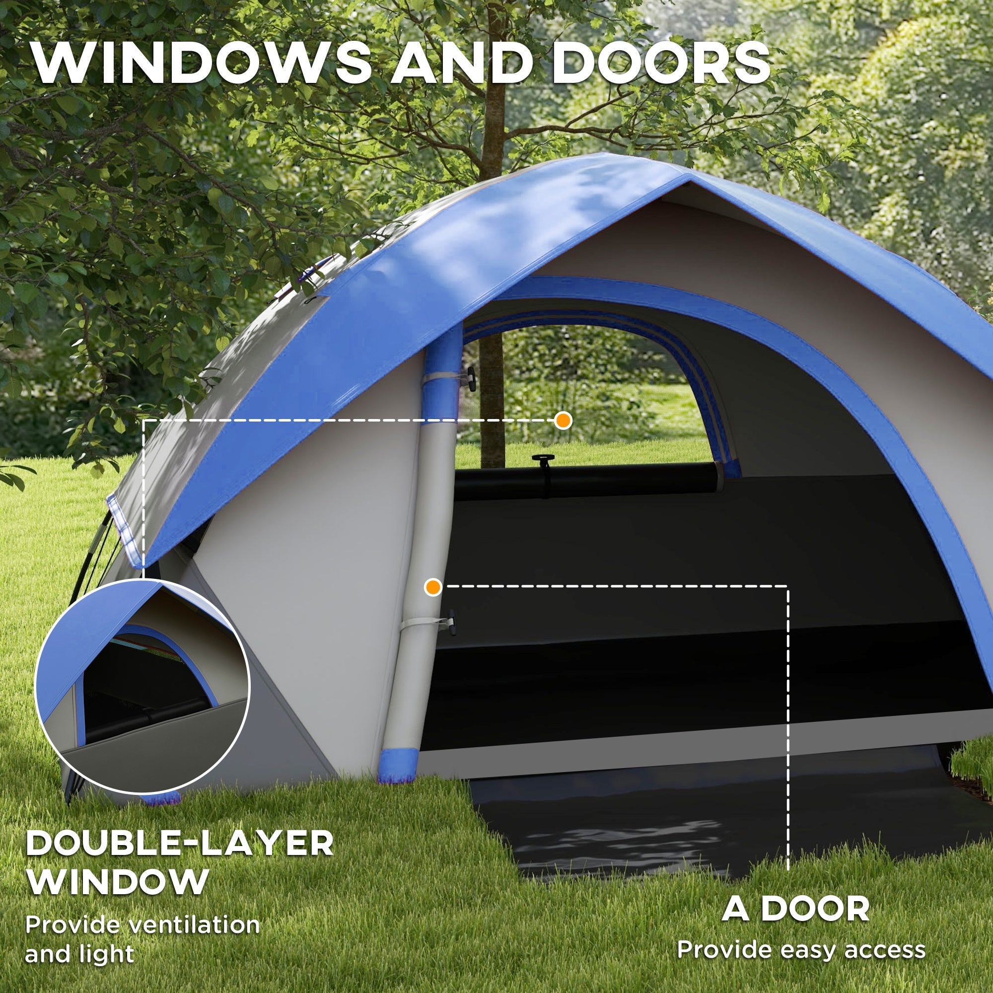 Outsunny Two Man Single Room Dome Tent, with Accessories - Dark Blue/Grey - North Peak Garden Furniture