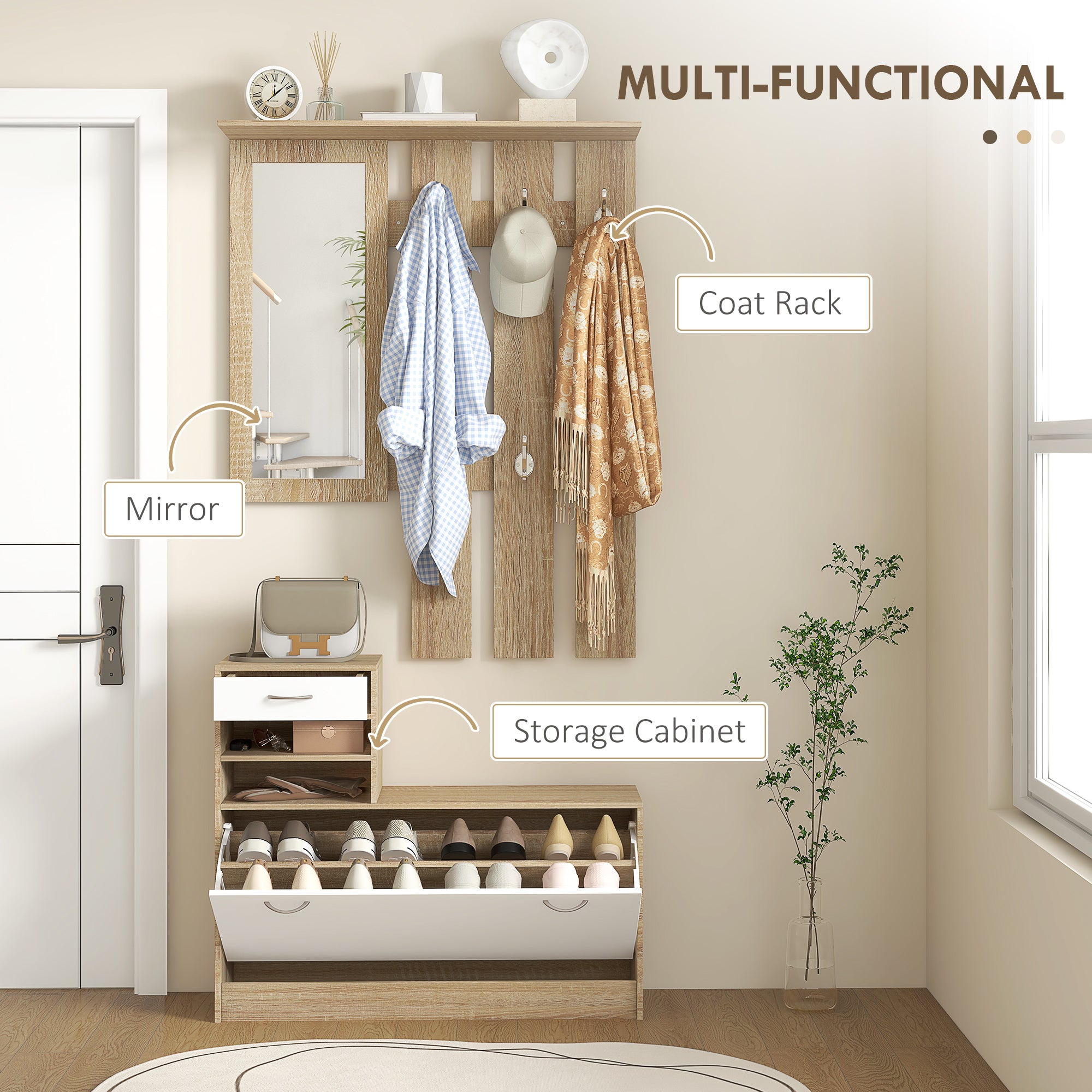 HOMCOM Three-in-One Hallway Storage Set - Natural Wood Finish/White - North Peak Garden Furniture