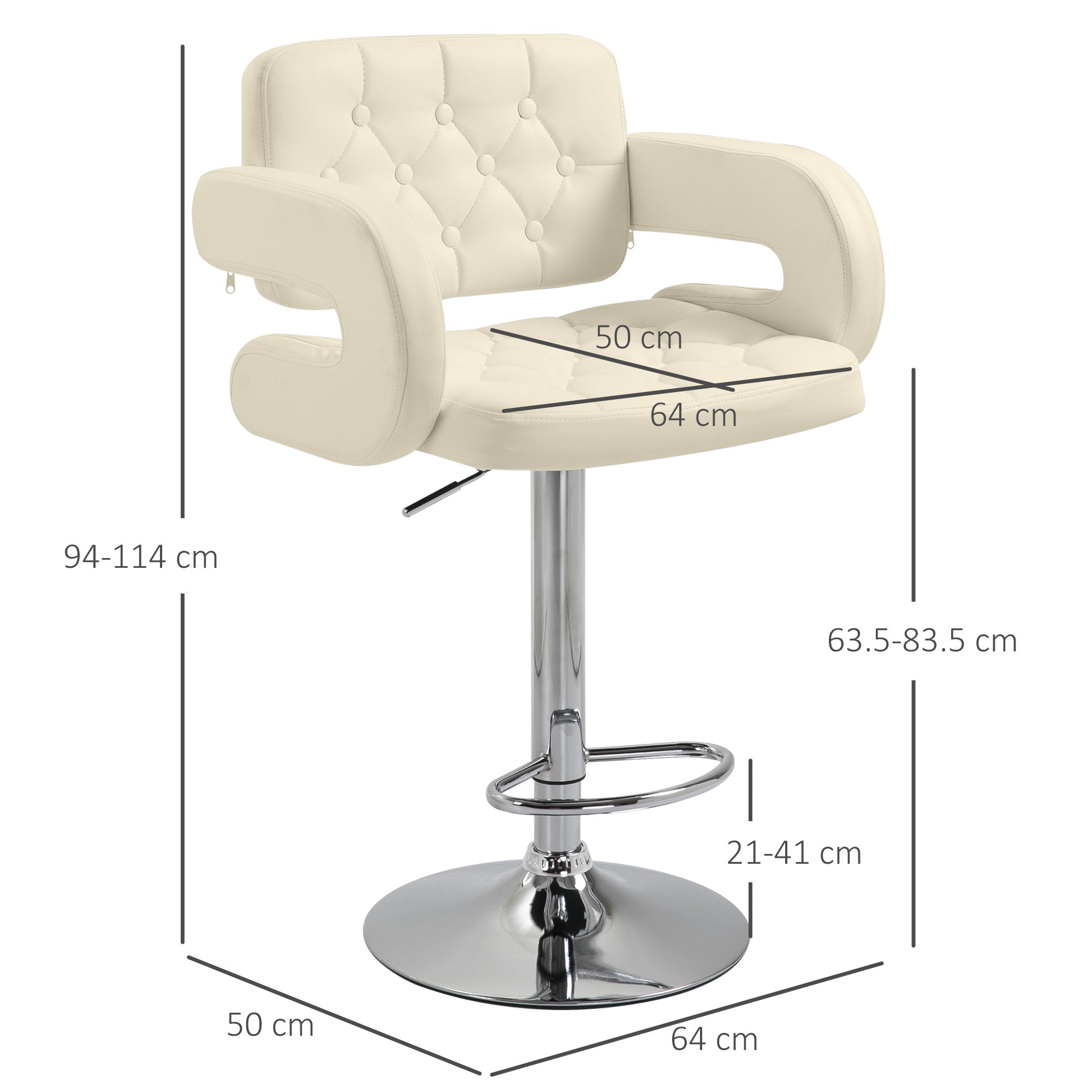 HOMCOM PU Leather Upholstered Swivel Bar Stool, Height Adjustable Barstool with Back, Armrest, Footrest for Kitchen - North Peak Garden Furniture