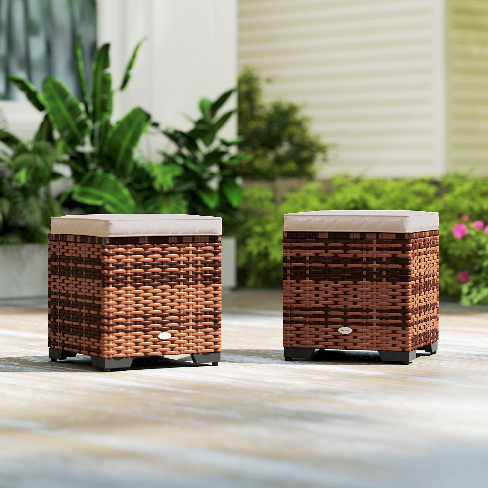 Outsunny Set of 2 Rattan Storage Ottoman, Outdoor Footstool with Removable Cushions, Garden Storage Seat for Balcony, Poolside, Living Room, Beige - North Peak Garden Furniture